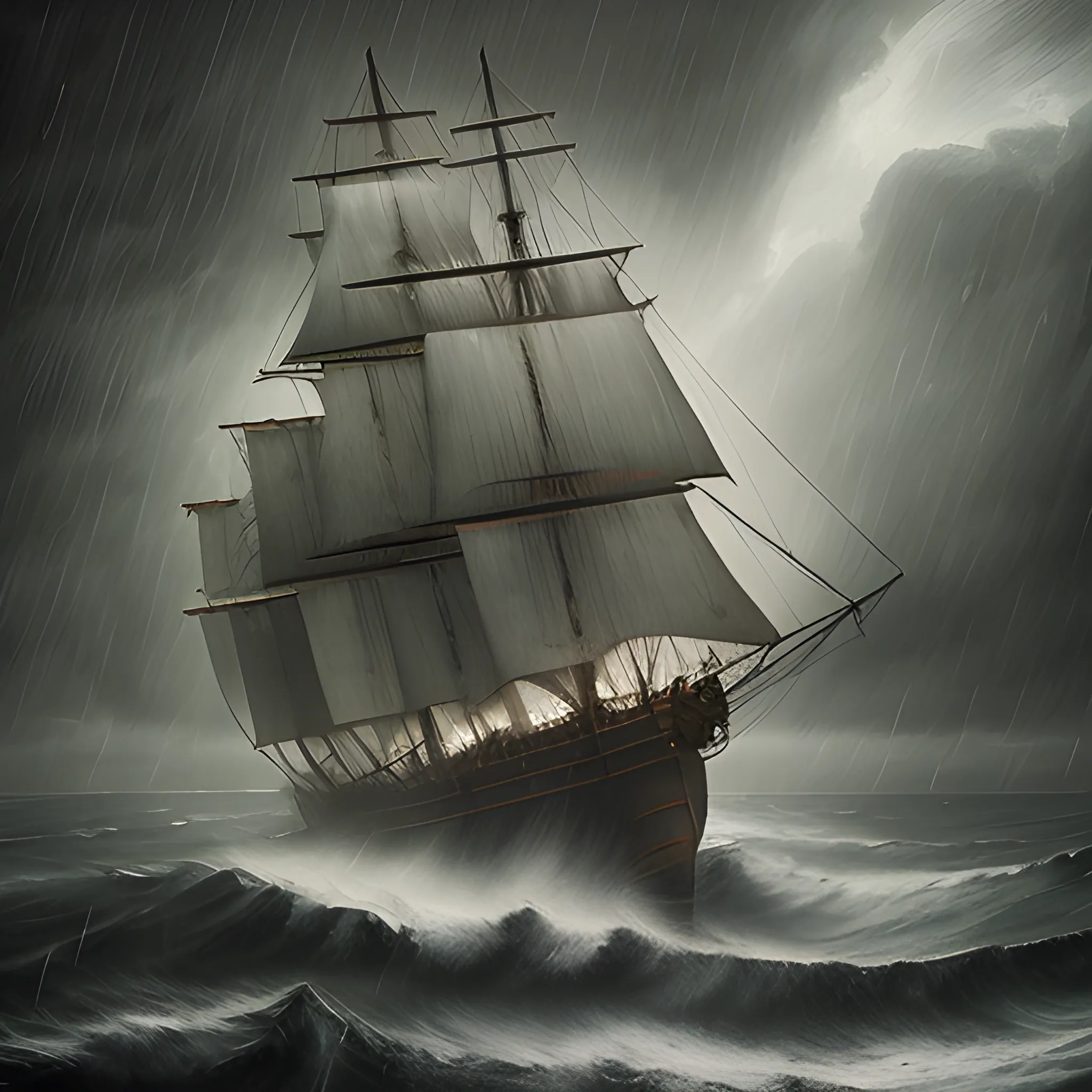 a sailing ship in a storm, drakar, 3d, low key lighting, creepy, Oil Painting