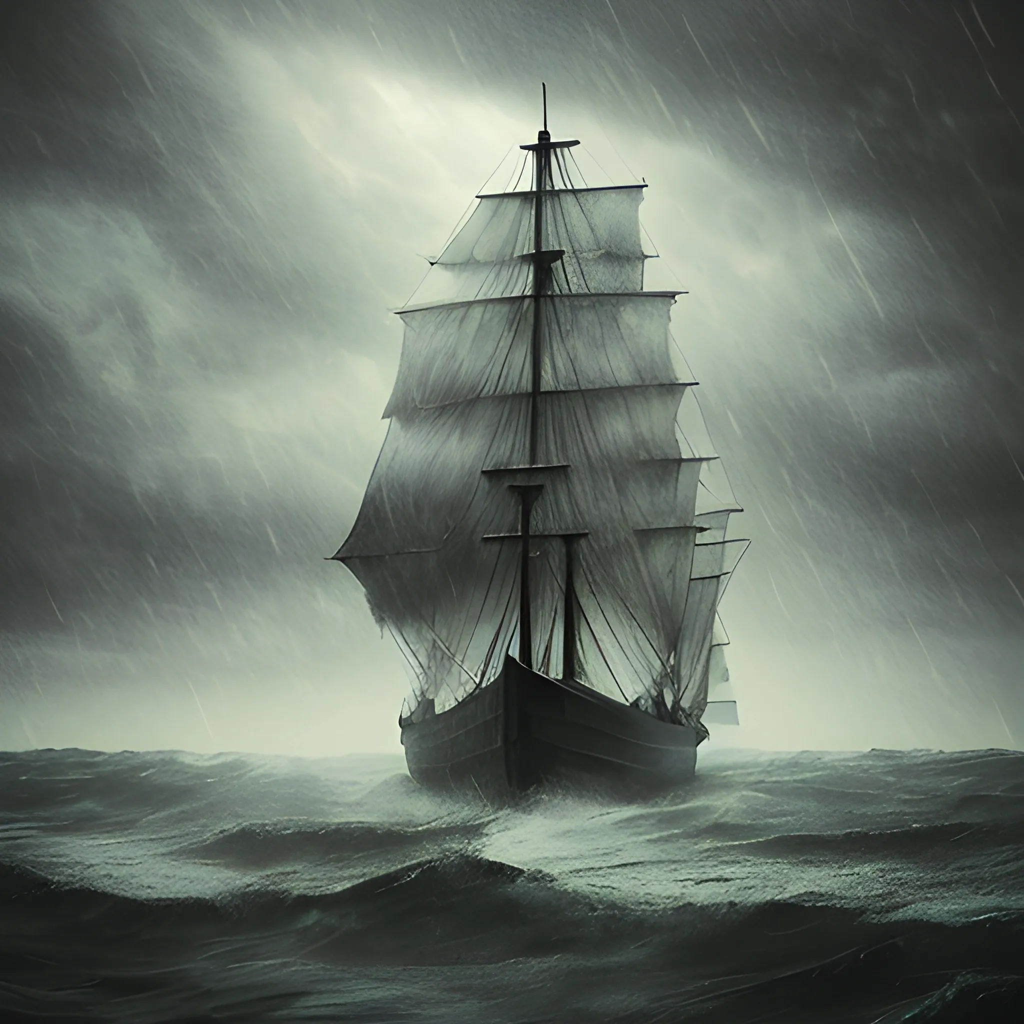 a sailing ship in a storm, drakar, 3d, low key lighting, creepy, Water Color