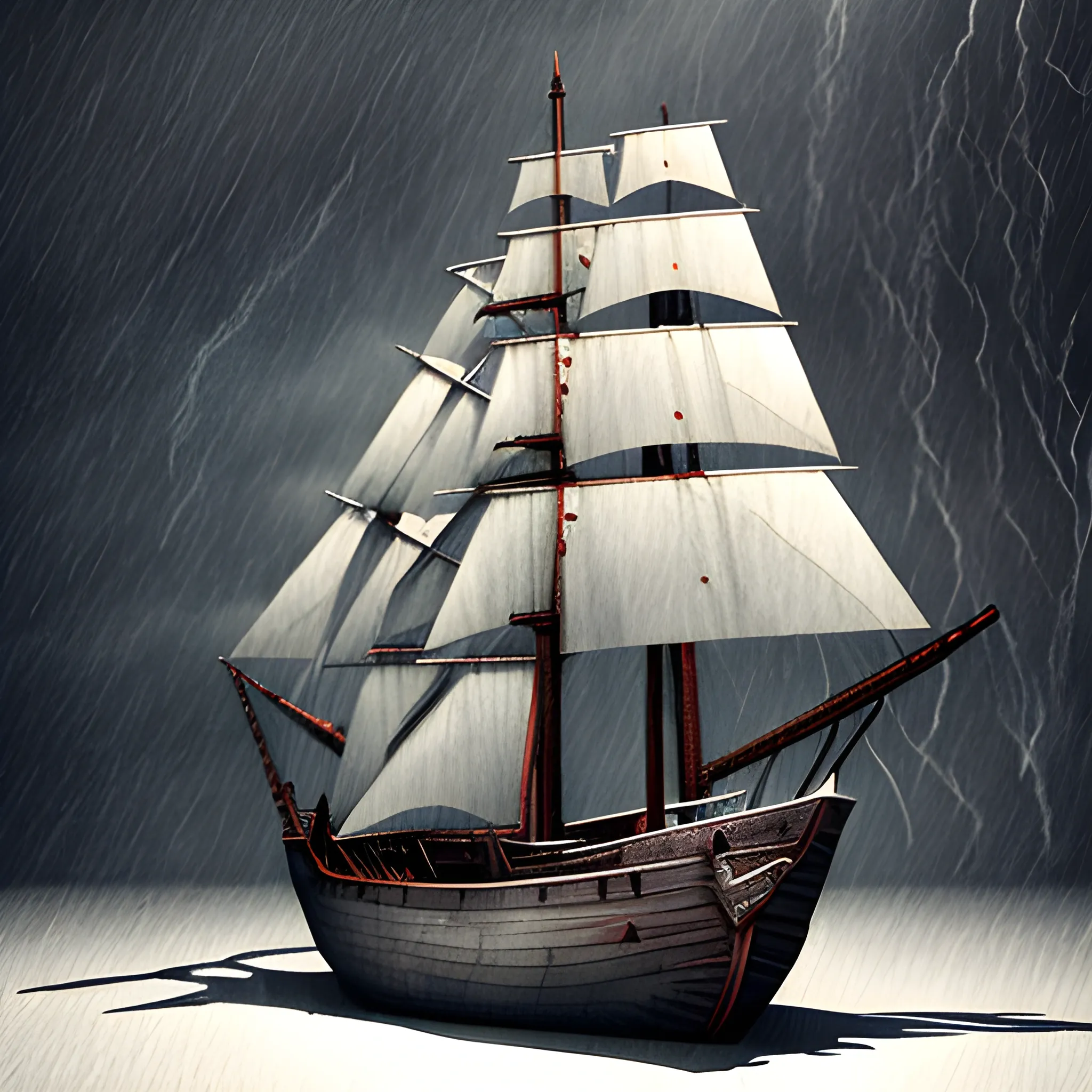 a sailing ship in a storm, drakar, 3d, low key lighting, creepy, Water Color