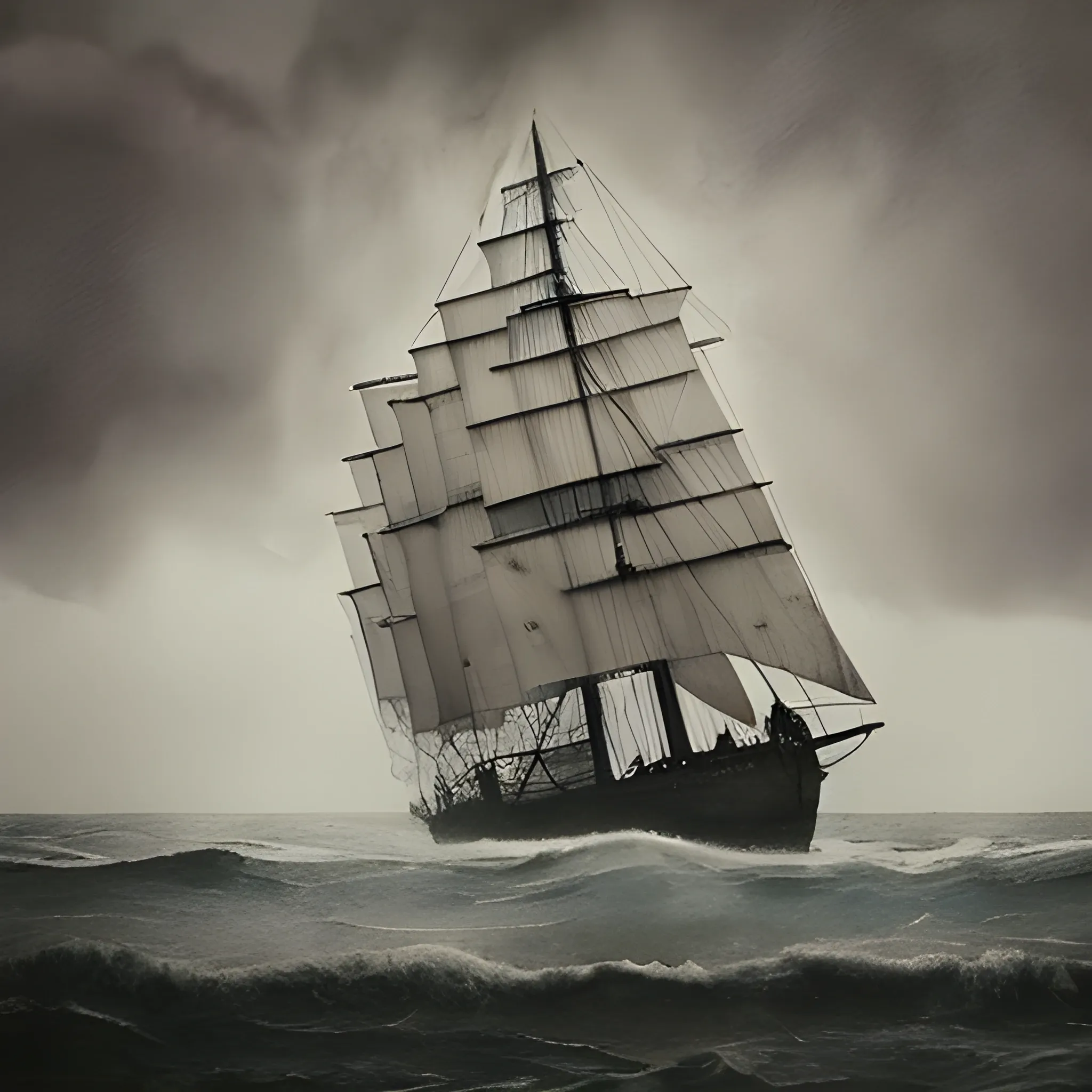 a sailing ship in a storm, low key lighting, creepy, Water Color