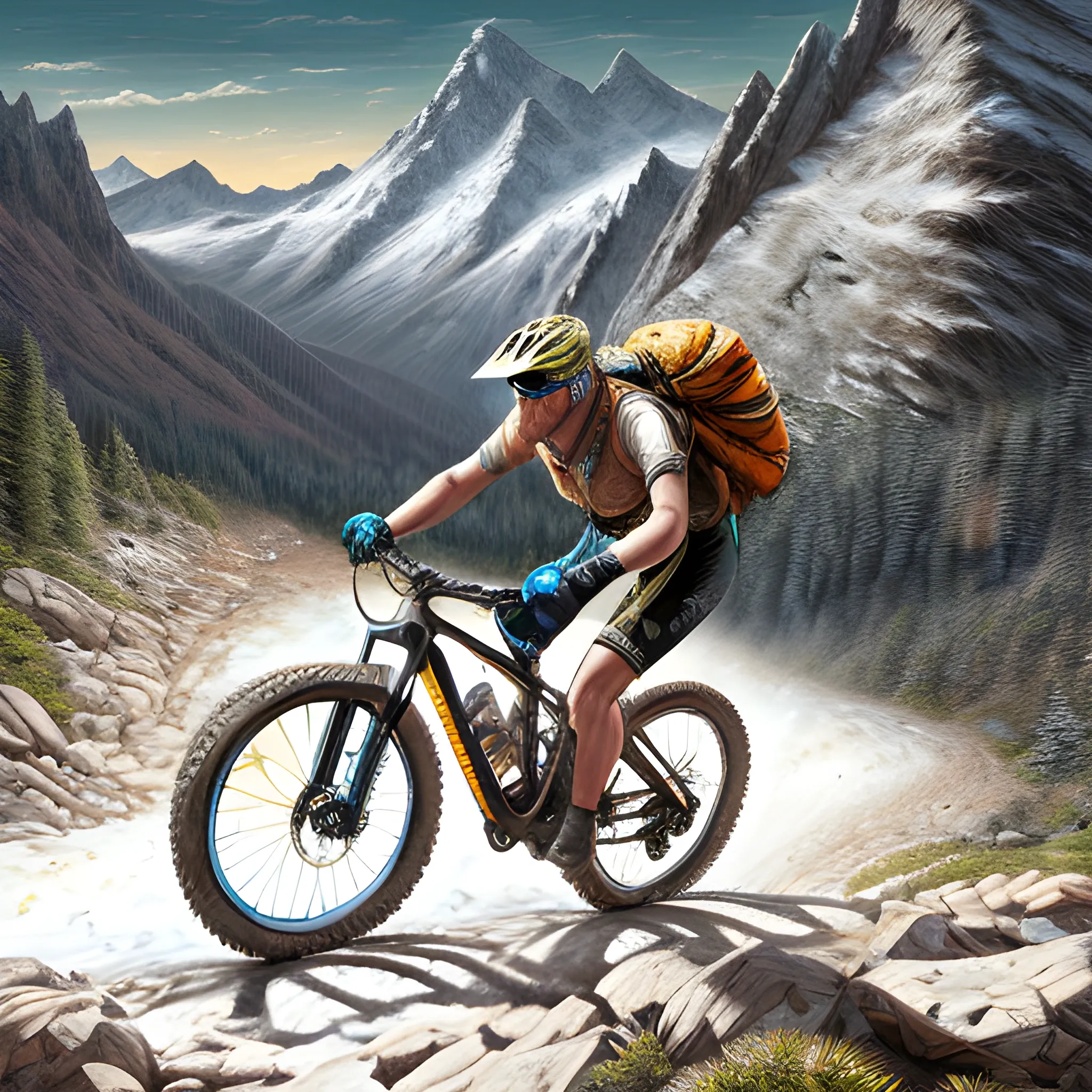 A Beautiful blondie fenale Extreme Trail Mountain Biker, detailed face, is pedaling up hill, insanely detailed and intricate Mountain scene background, in the style of photorealistic oil on canvas painting, Dramatic alpine background; adventure and inspiration motivation concept