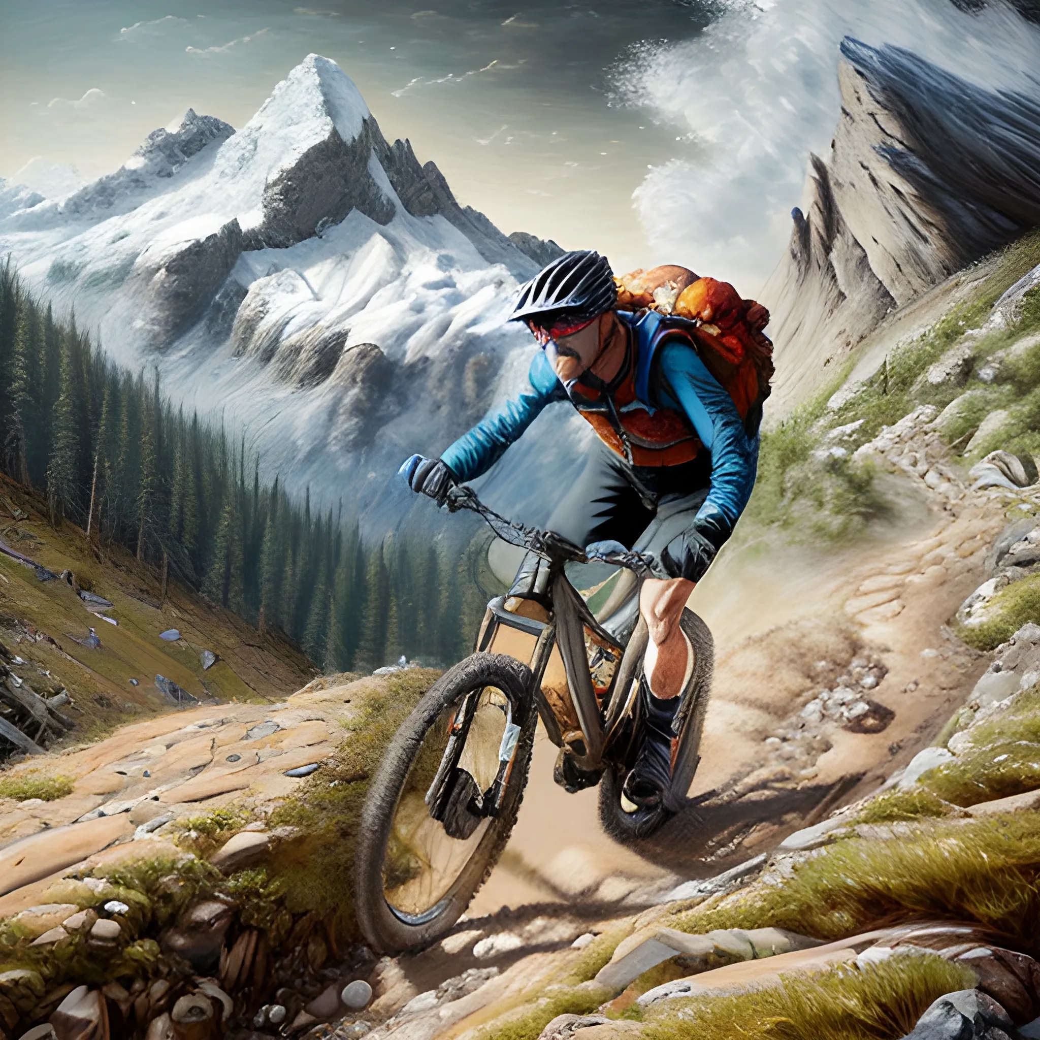 A Beautiful blondie fenale Extreme Trail Mountain Biker, detailed face, is pedaling up hill, insanely detailed and intricate Mountain scene background, in the style of photorealistic oil on canvas painting, Dramatic alpine background; adventure and inspiration motivation concept