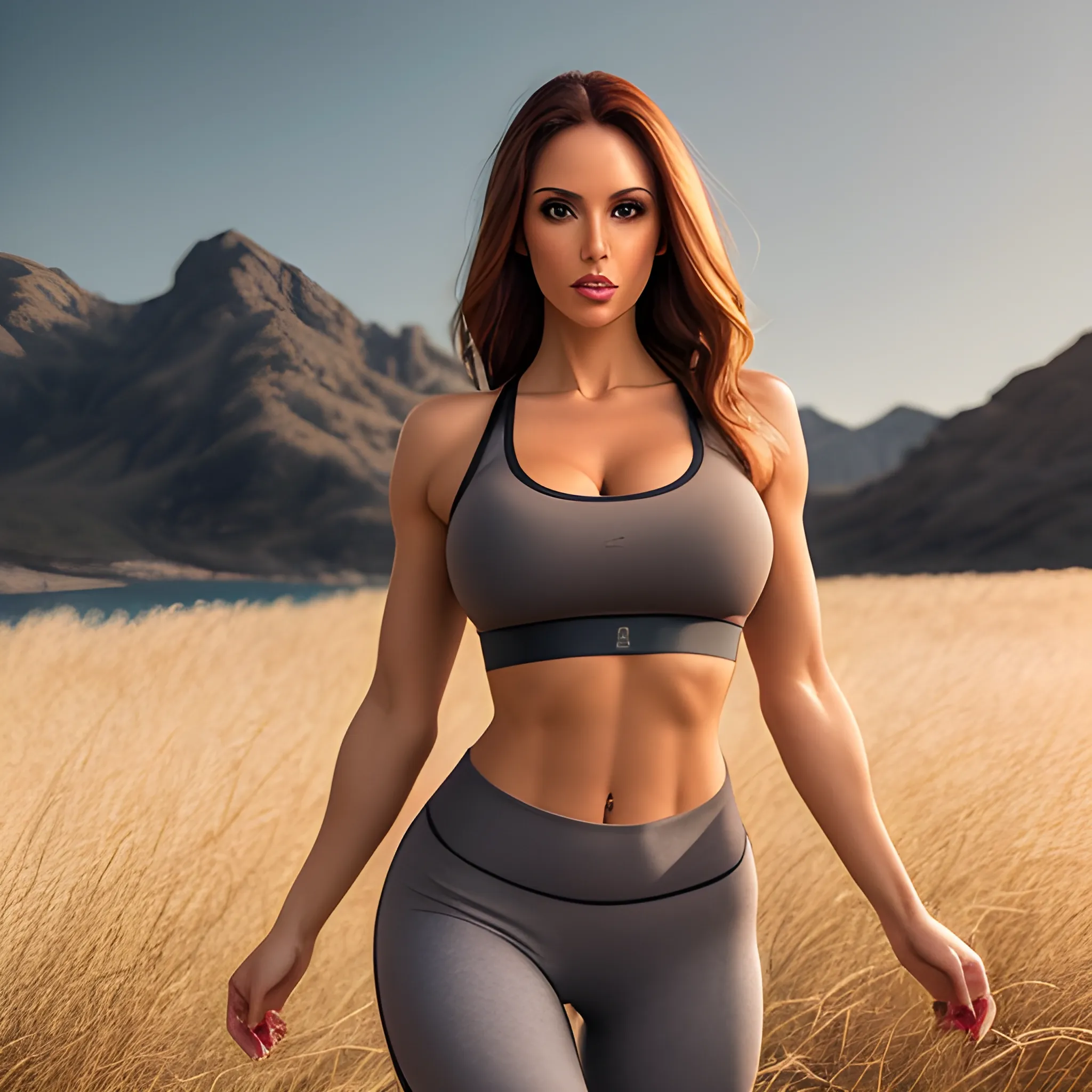 photo of (sh0hreh:0.99), a stunning beautiful young woman, hazel eyes, long messy windy light brown hair, full body in tight crop portrait, bending over, sports bra, yoga pants, (photorealistic:1.2) (bokeh:1.2) (best quality) (color grading) (detailed skin:1.3) (intricate) (8k) (HDR) (cinematic lighting:1.3) (sharp focuessy windy hair