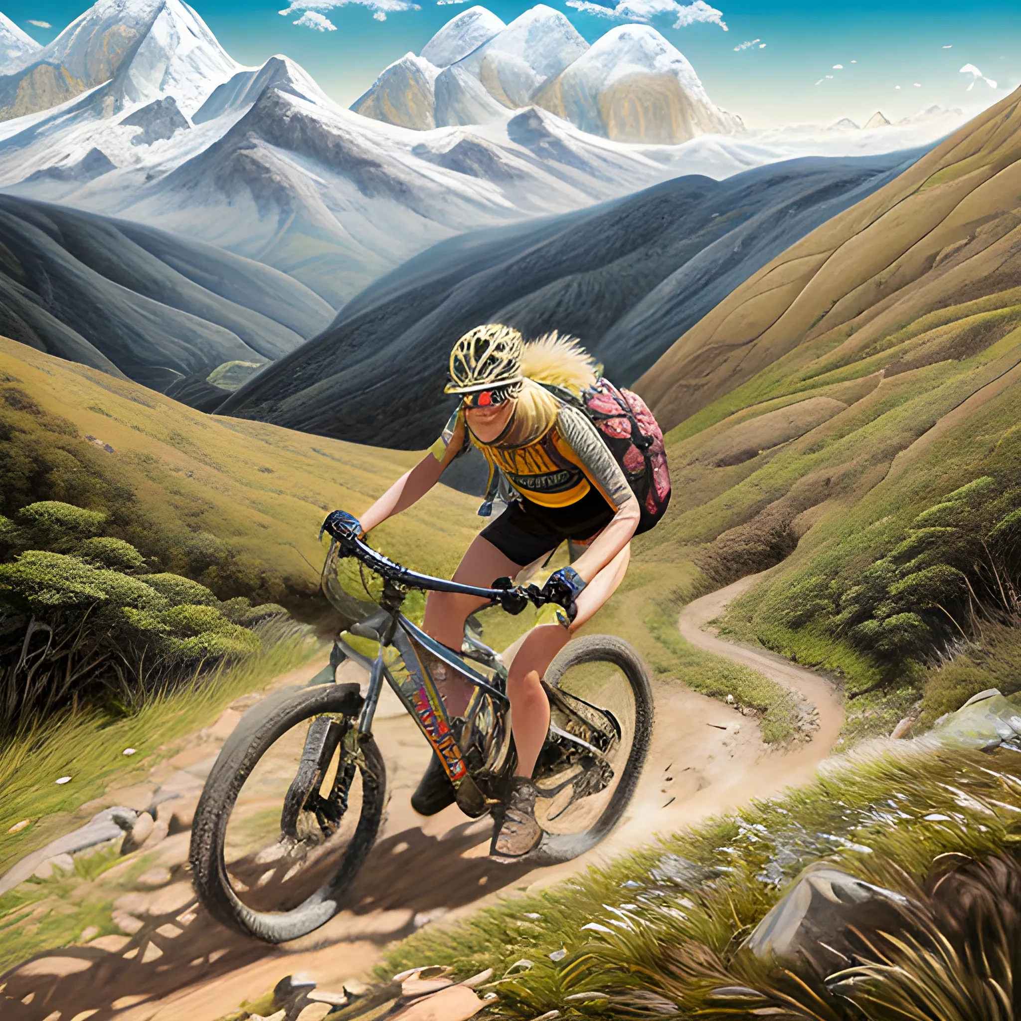 A Beautiful blondie fenale Extreme Trail Mountain Biker, detailed face, is pedaling up hill in Boyaca, insanely detailed and intricate Mountain scene background, in the style of photorealistic oil on canvas painting, Dramatic Boyaca Mountain background; adventure and inspiration motivation concept