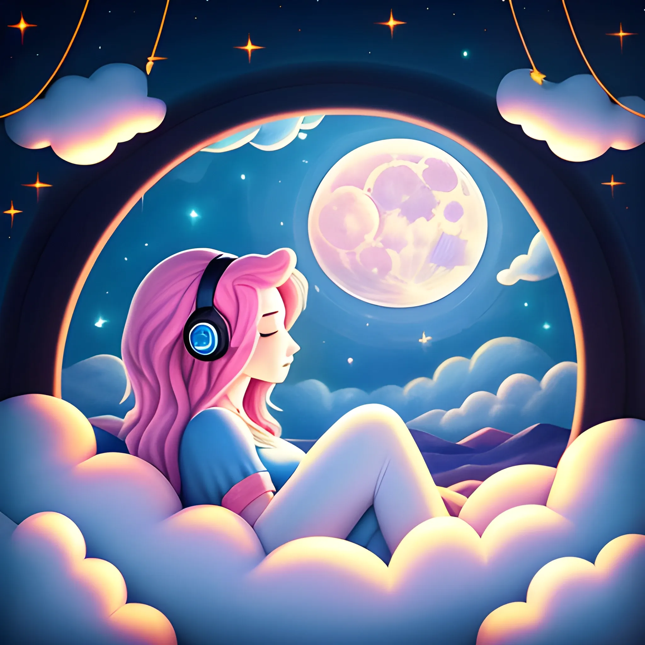 colorful、on clouds、kosmos、night, Big Moon in window、realistic、The girl is sleeping、She wears delicate headphones that blend into her hair, Only one stuffed animal、closed eyes, hugging pillow、超A high resolution