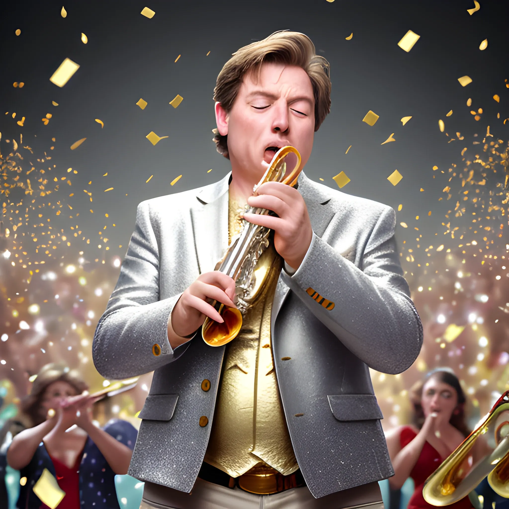 1man solo, (playing the trumpet), (dynamic posing), (stylish outfit), man a 50-year-old, /(bROWN hair/), (eyes slightly closed), (holding trumpet in mouth) (closed mouth:1.1), (masterpiece best quality:1.2) delicate illustration ultra-detailed, large breasts BREAK (silver and gold confetti:1.2) dancing down BREAK (music stage) indoors, colorful confetti, spotlight, audience, detailed background, playing trumpet, trumpet, Cloth: Wears a light gray jacket, jeans and sneakers. Nature: Vigorous, witty, always in the spotlight.