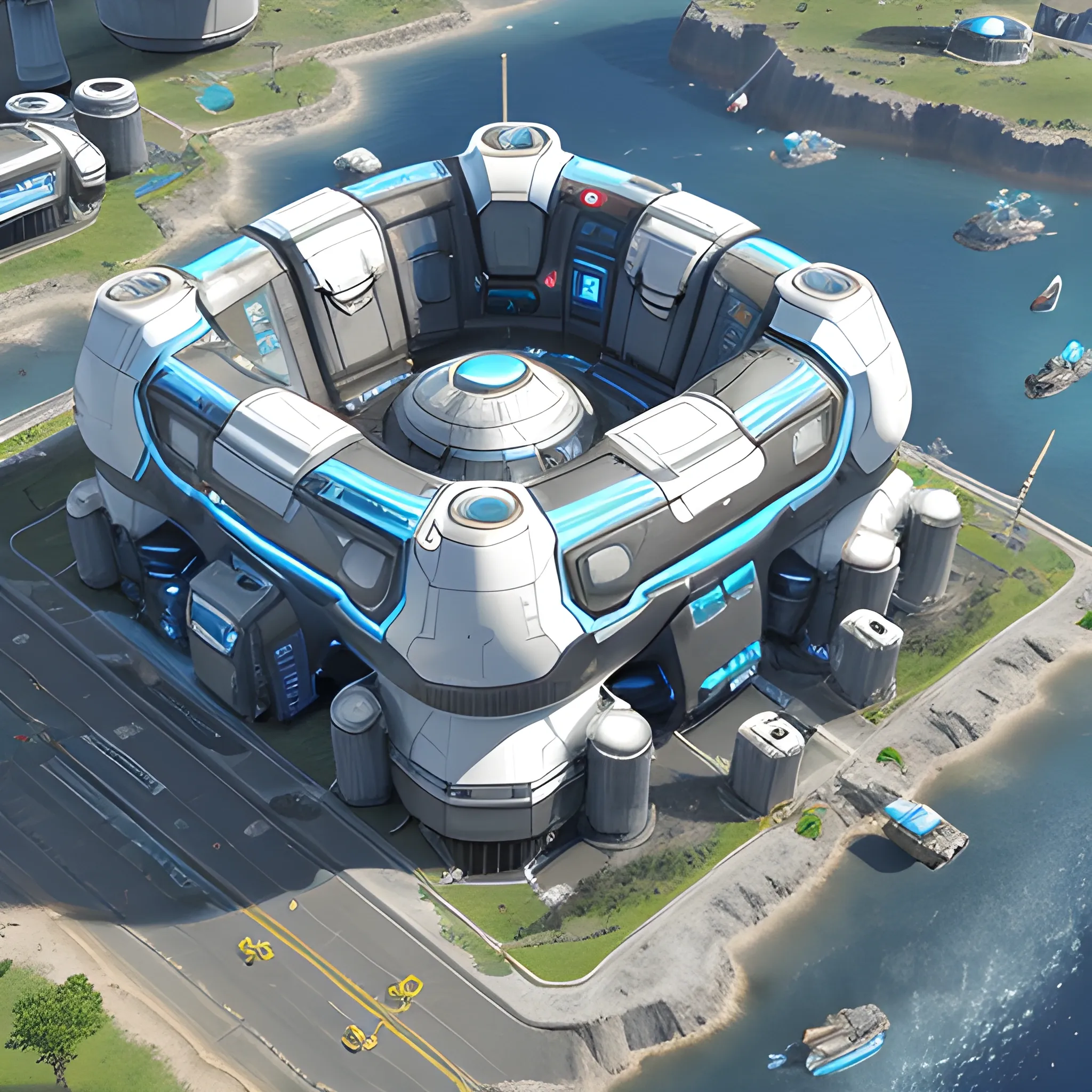 anno 2205 style, temperate, sunny, clear sky, top-down view, power plant made of metal black structures, white plastic material, scratches, stains on the walls, high level of detail, people, futuristic, beautiful, Realistic proportions, attention to detail



