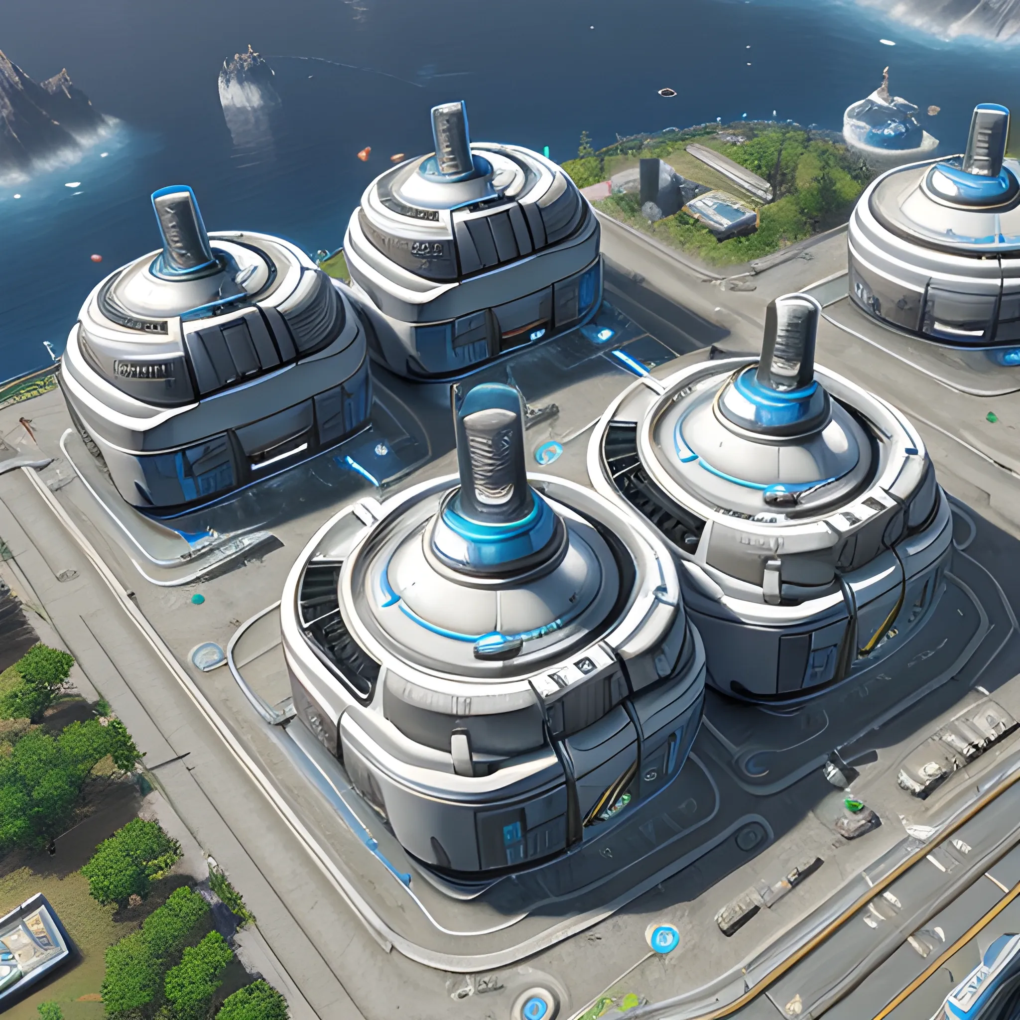 anno 2205 style, temperate, sunny, clear sky, top-down view, power plant made of metal black structures, white plastic material, scratches, stains on the walls, high level of detail, people, futuristic, beautiful, Realistic proportions, attention to detail



