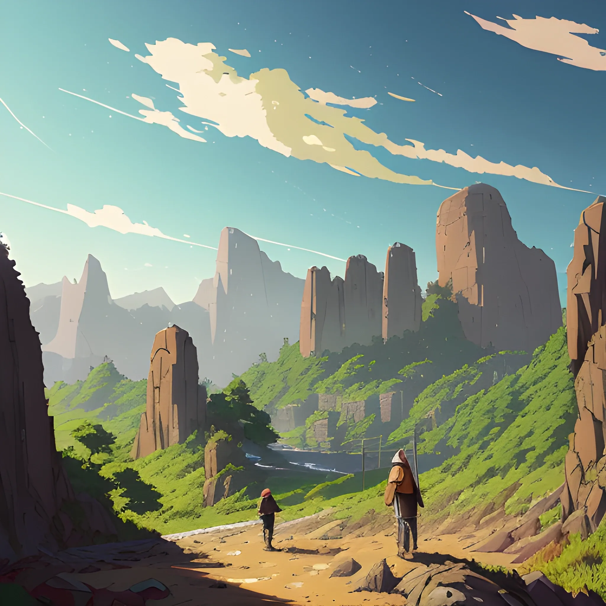 Law angle, landscape, mountain with brush, electric poles, with giants rocks... in the style of makoto shinkai and greg rutkowski and albert bierstadt and james gurney, Cartoon