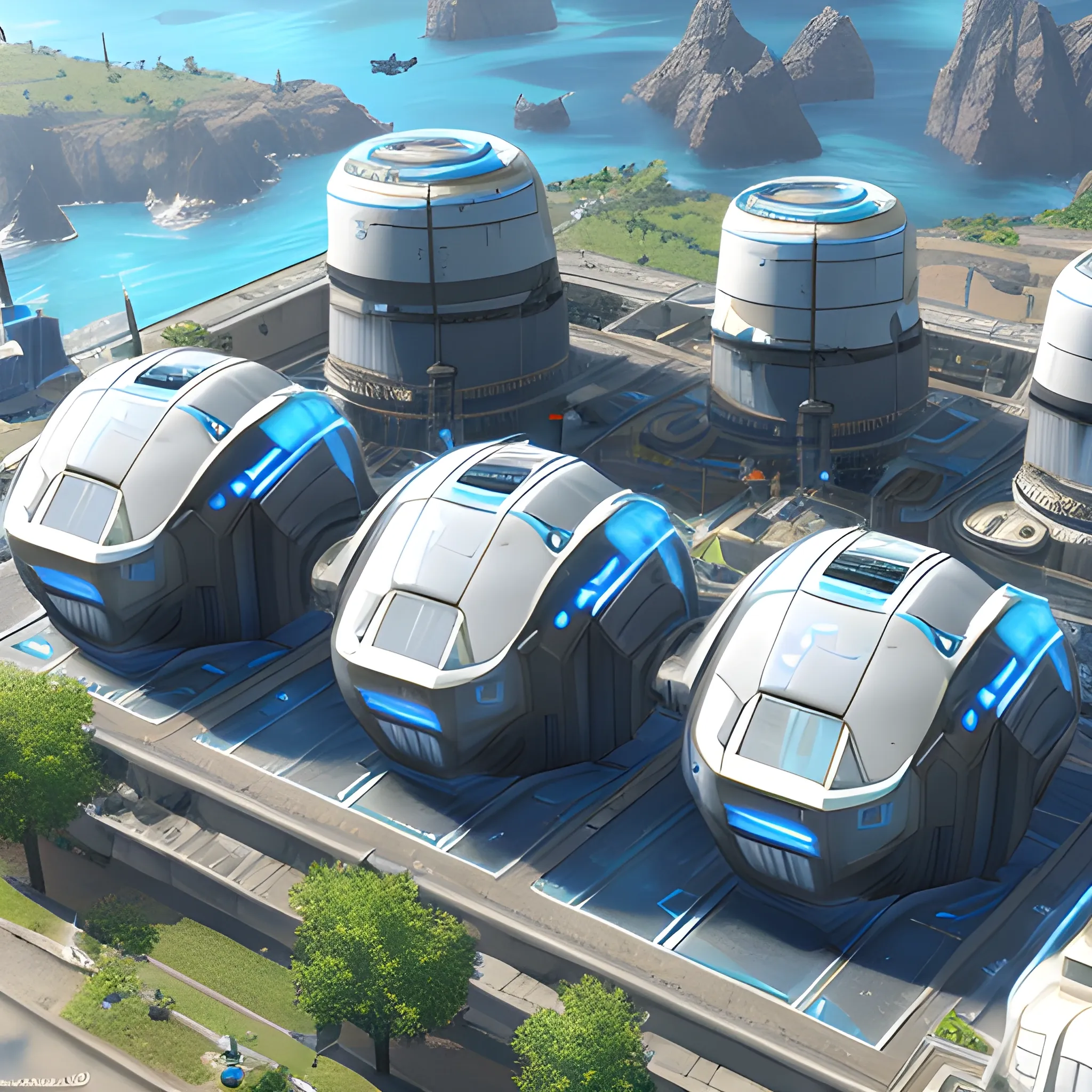 anno 2205 style, temperate, sunny, clear sky, top-down view, power plant made of metal black structures, white plastic material, scratches, stains on the walls, high level of detail, people, futuristic, beautiful, Realistic proportions, attention to detail



