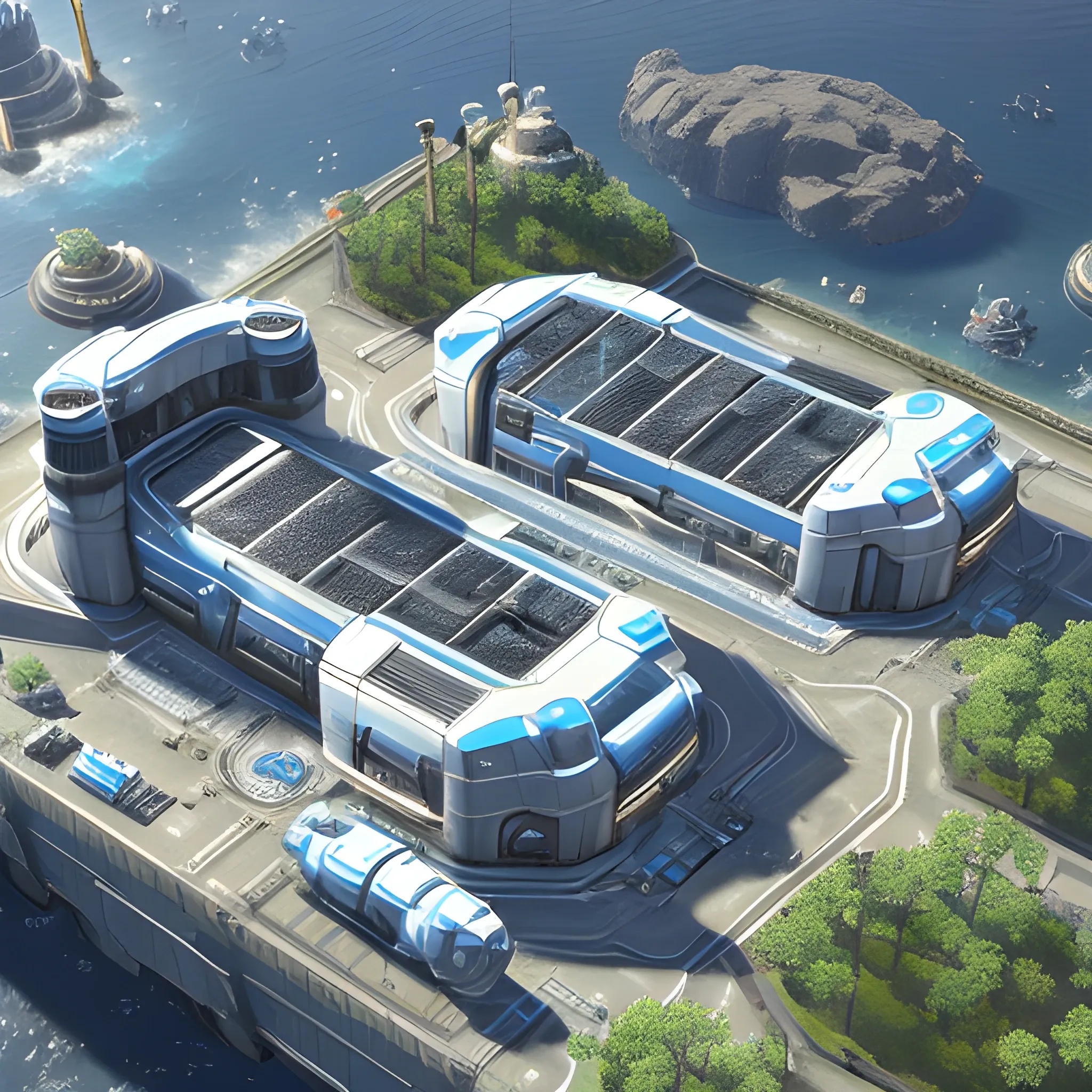 anno 2205 style, temperate, sunny, clear sky, top-down view, power plant made of metal black structures, white plastic material, scratches, stains on the walls, high level of detail, people, futuristic, beautiful, Realistic proportions, attention to detail



