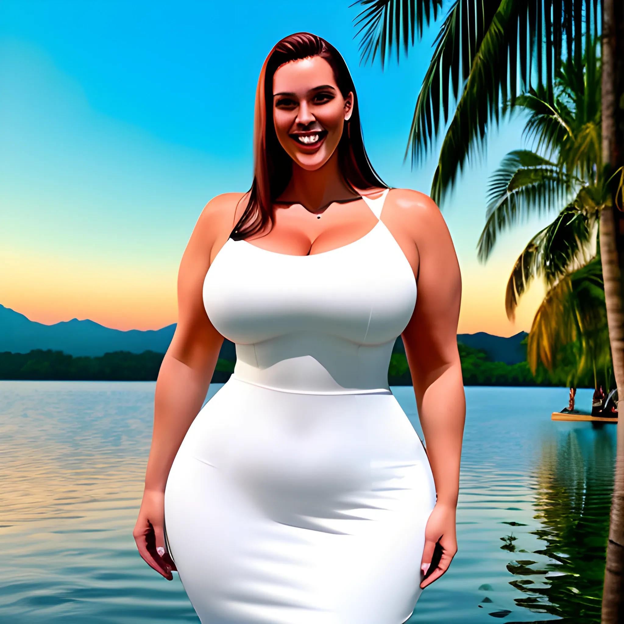 very tall plus size muscular girl with massive straight, not curvy body, small head, very broad shoulders, broad flat chest, slim hips, slim long thighs and legs, in wide white dress, towering with a decent smile standing tall at tropical lake at sunset