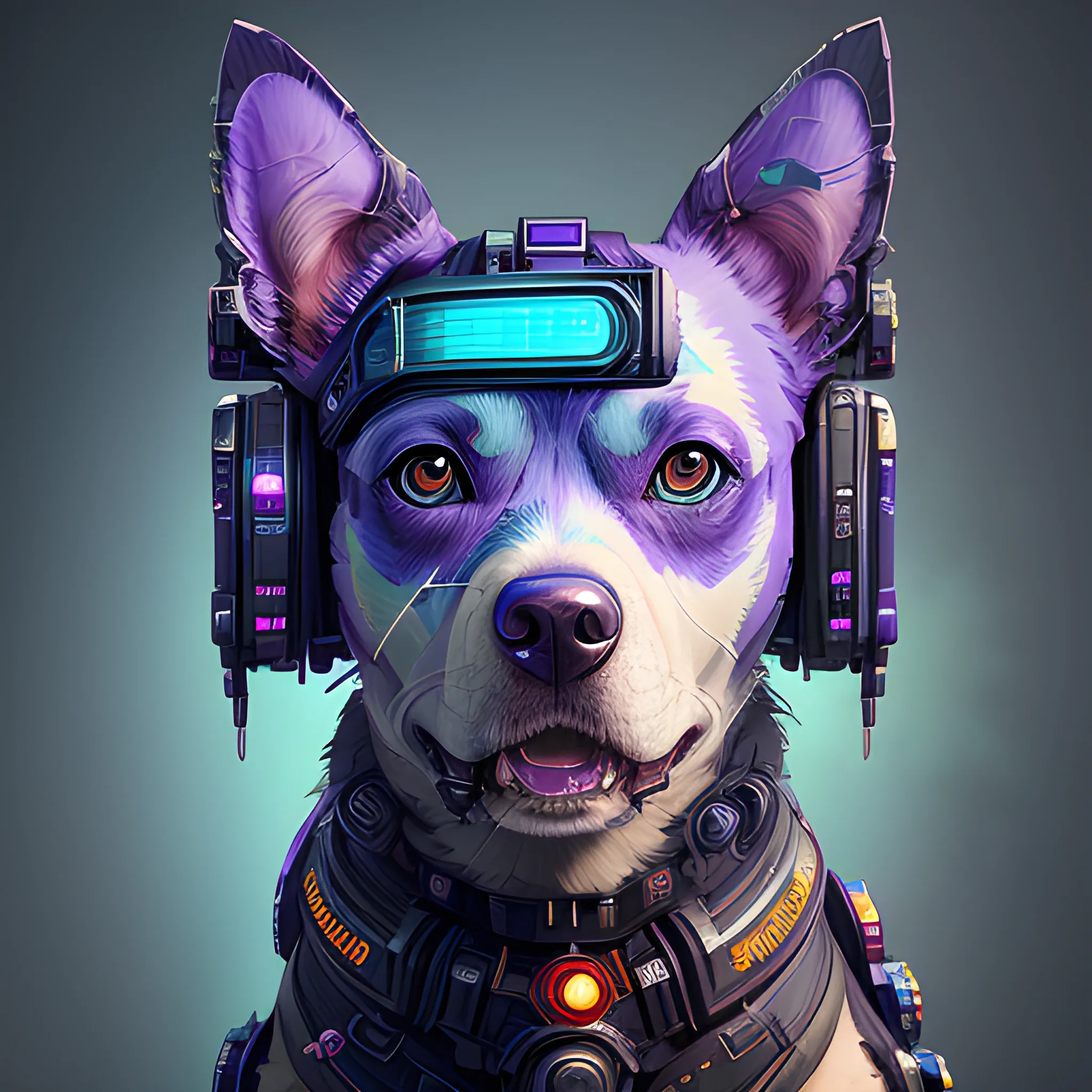 a beautiful portrait of a cute cyberpunk dog by sandra chevrier and greg rutkowski and wlop, purple blue color scheme, high key lighting, volumetric light, digital art, highly detailed, fine detail, intricate, ornate, complex, octane render, unreal engine, photorealistic 