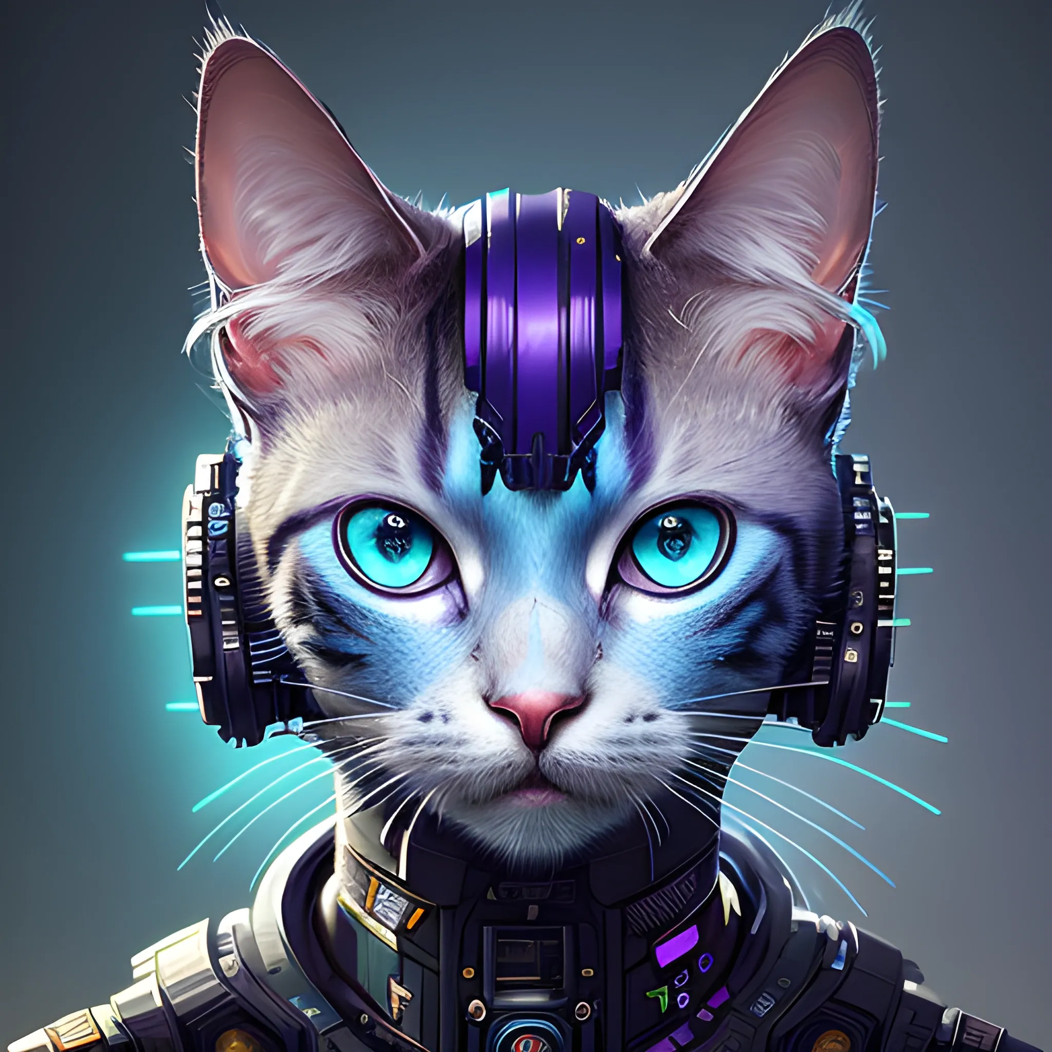 a beautiful portrait of a cute cyberpunk cat by sandra chevrier and greg rutkowski and wlop, purple blue color scheme, high key lighting, volumetric light, digital art, highly detailed, fine detail, intricate, ornate, complex, octane render, unreal engine, photorealistic 