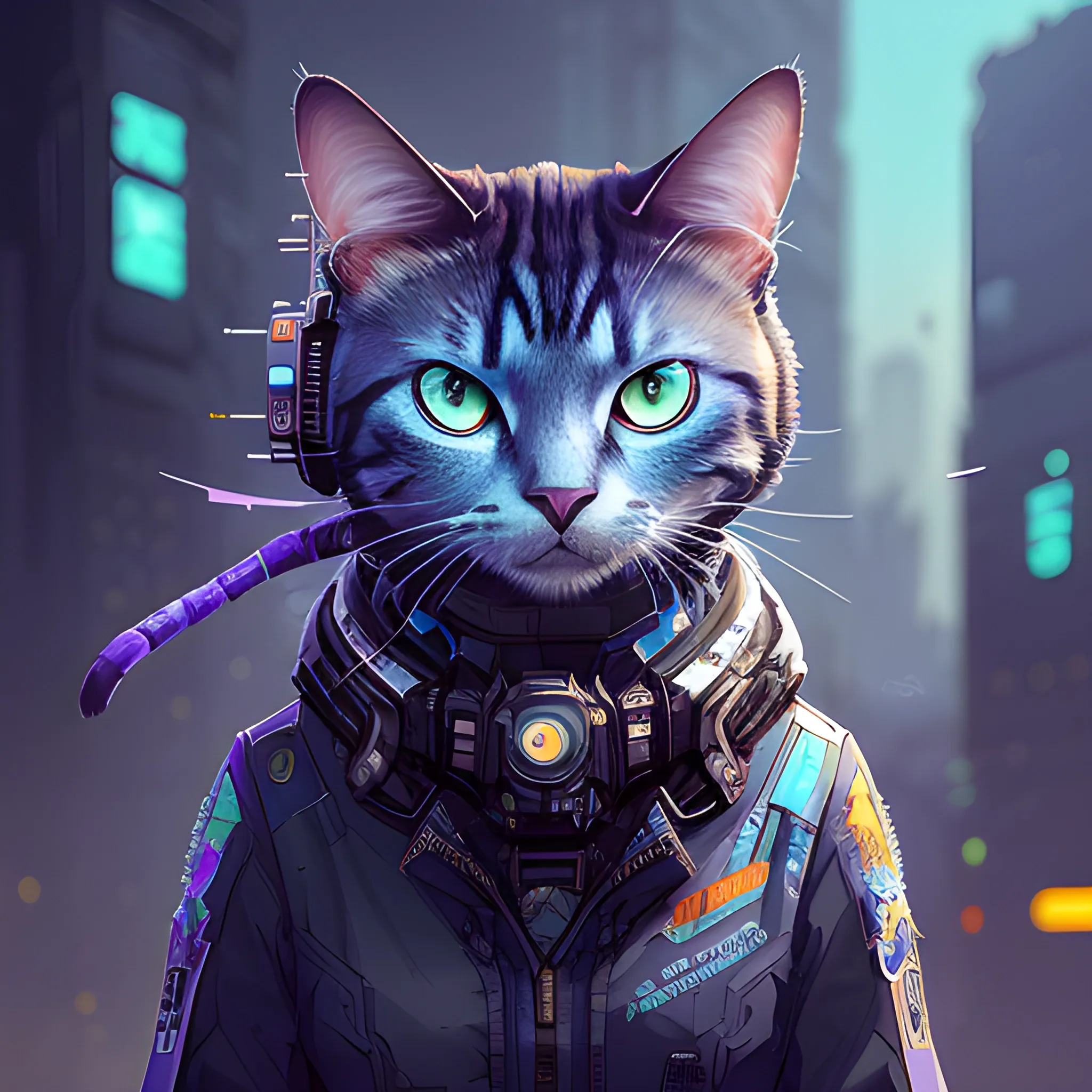 a beautiful portrait of a cute cyberpunk cat by sandra chevrier and greg rutkowski and wlop, purple blue color scheme, high key lighting, volumetric light, digital art, highly detailed, fine detail, intricate, ornate, complex, octane render, unreal engine, photorealistic 