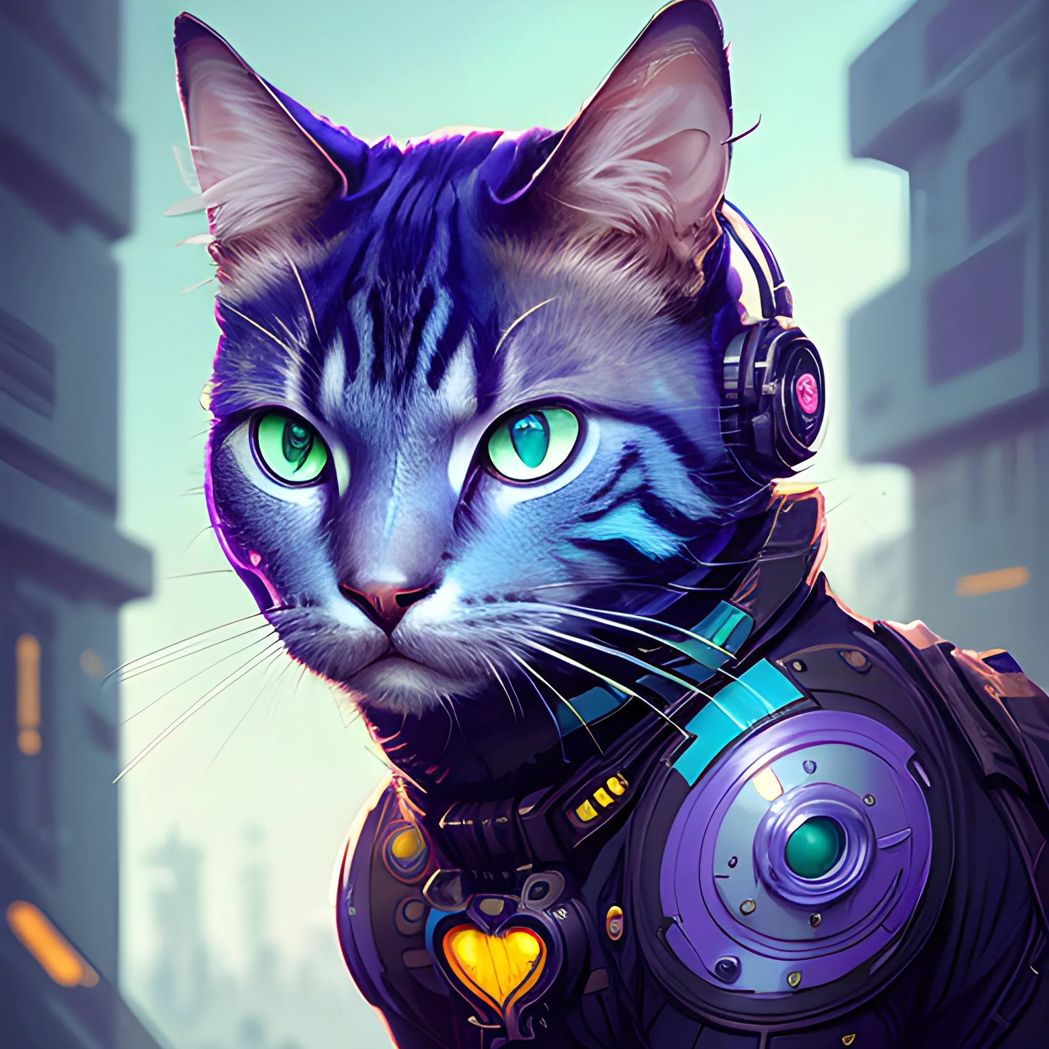 a beautiful portrait of a cute cyberpunk cat by sandra chevrier and greg rutkowski and wlop, purple blue color scheme, high key lighting, volumetric light, digital art, highly detailed, fine detail, intricate, ornate, complex, octane render, unreal engine, photorealistic 