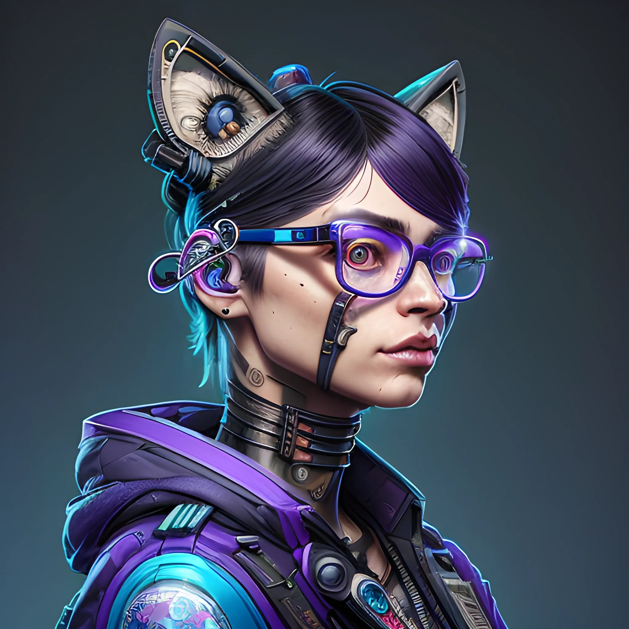 a beautiful portrait of a cute cyberpunk lihuacat  who that wearing glasses by sandra chevrier and greg rutkowski and wlop, purple blue color scheme, high key lighting, volumetric light, digital art, highly detailed, fine detail, intricate, ornate, complex, octane render, unreal engine, photorealistic 