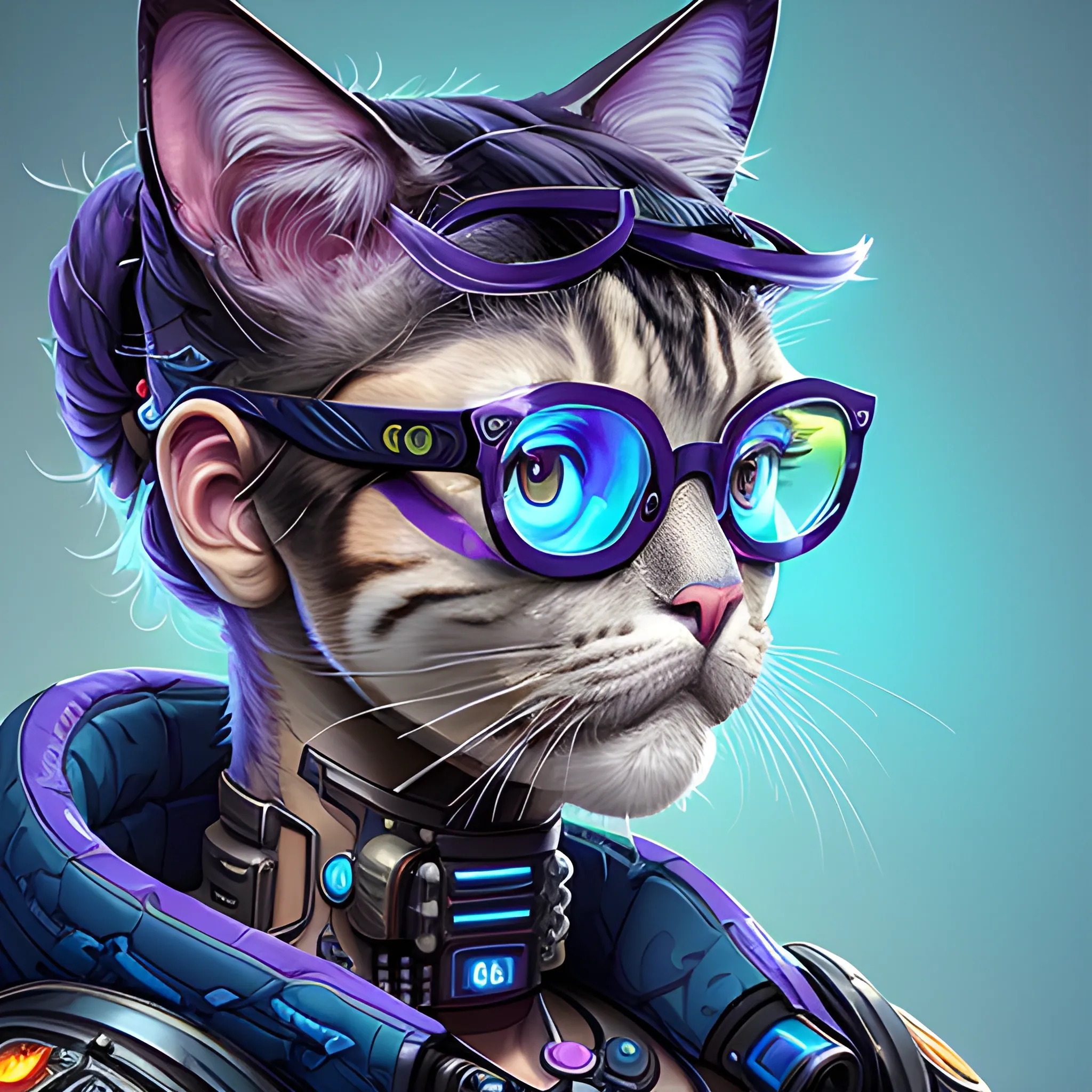 a beautiful portrait of a cute cyberpunk cat  who that wearing glasses by sandra chevrier and greg rutkowski and wlop, purple blue color scheme, high key lighting, volumetric light, digital art, highly detailed, fine detail, intricate, ornate, complex, octane render, unreal engine, photorealistic 