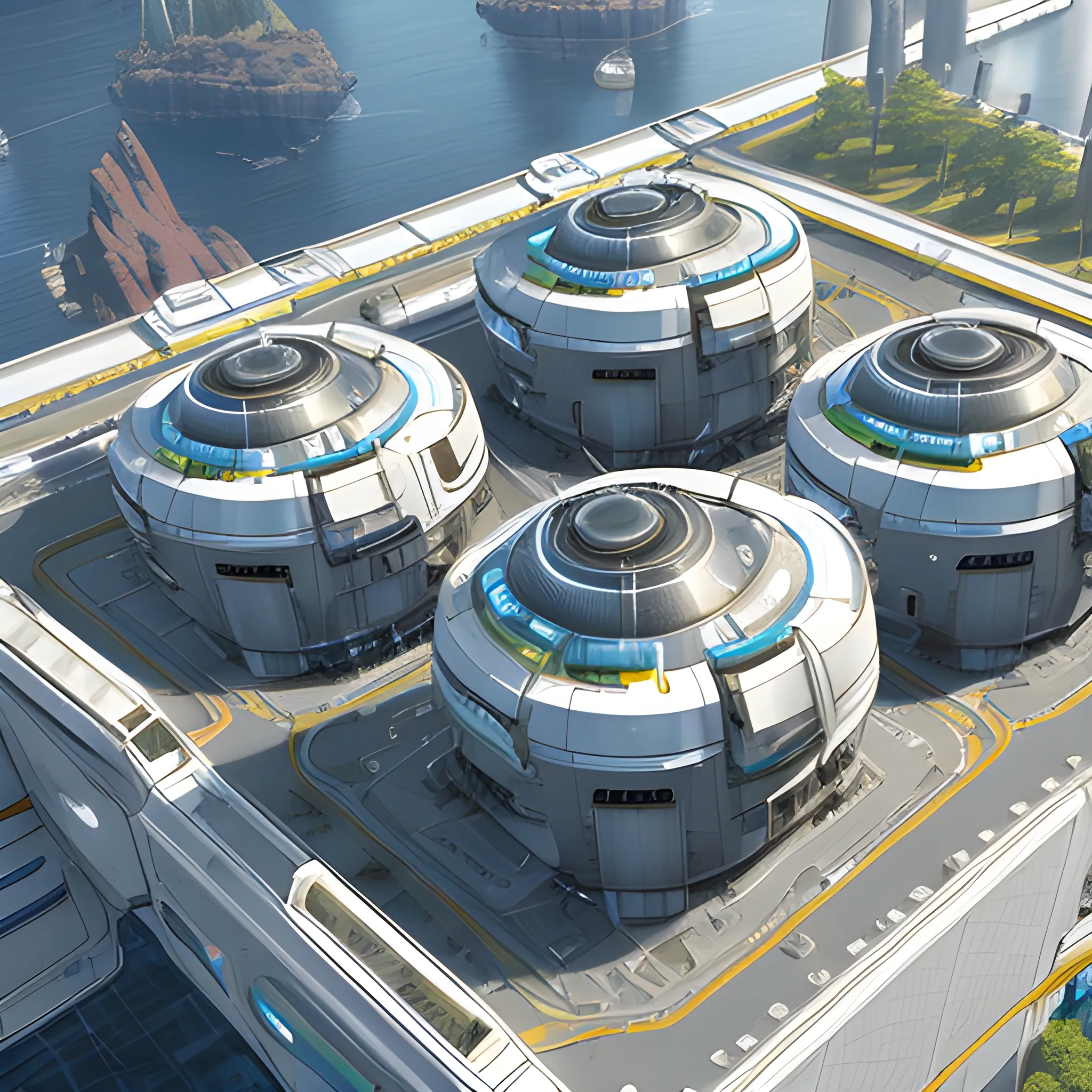 anno 2205 style, temperate, sunny, clear sky, top-down view, power plant made of metal black structures, white plastic material, scratches, stains on the walls, high level of detail, people, futuristic, beautiful, Realistic proportions, attention to detail



