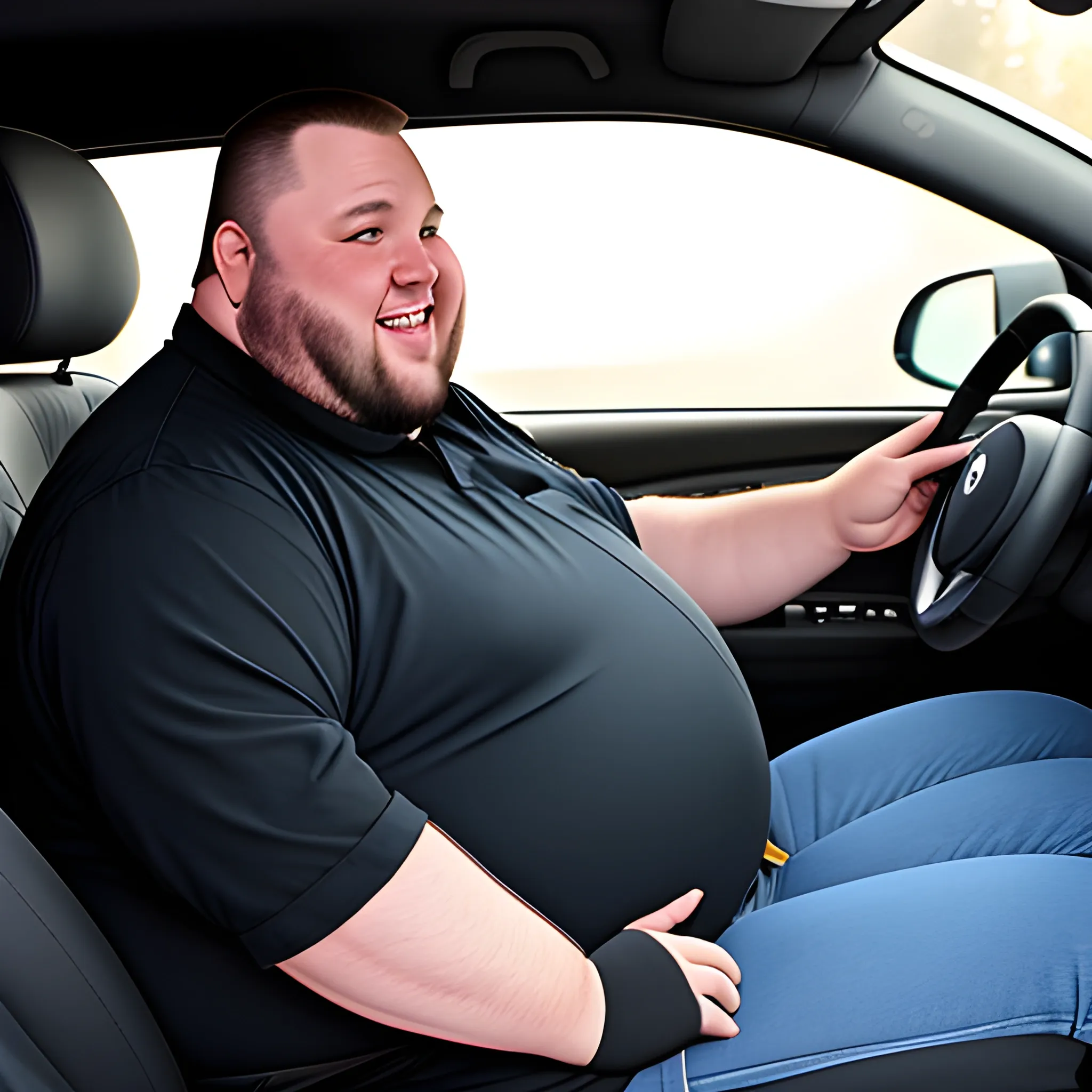 fat guy in a very small car