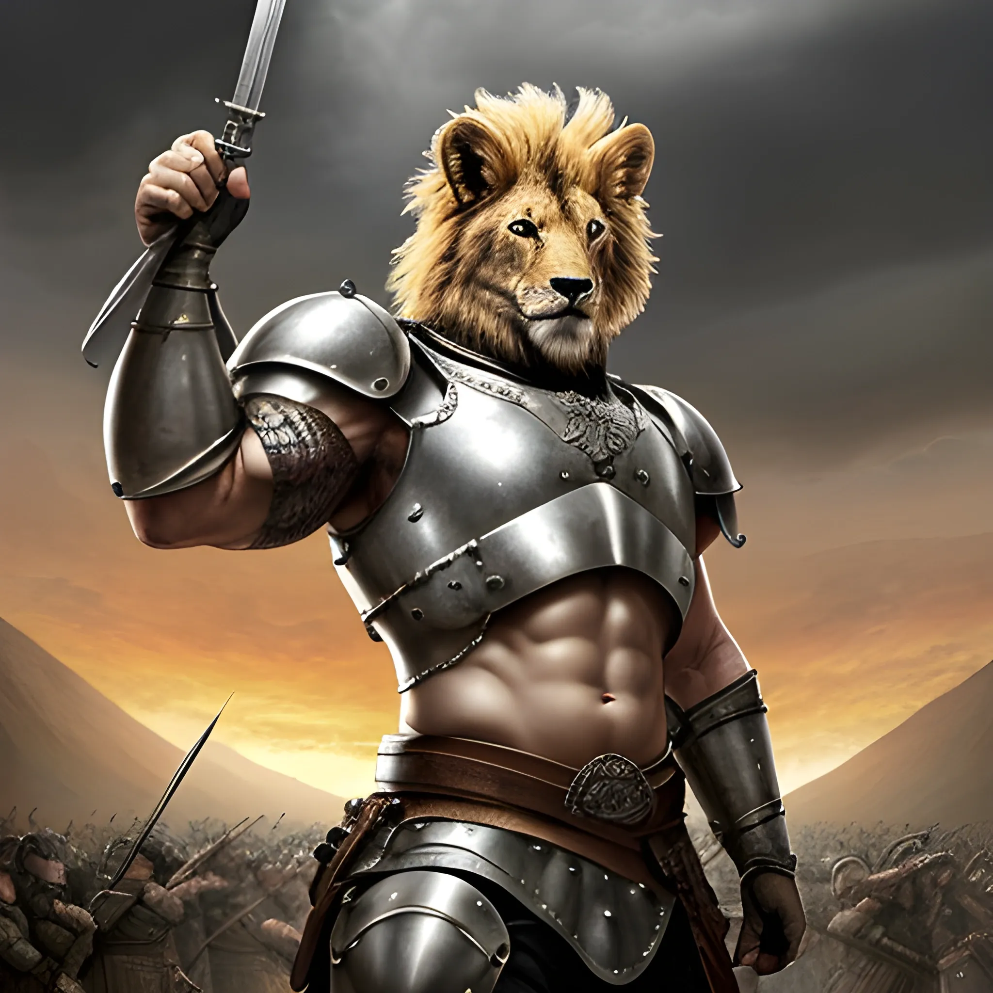 Diseña una imagen épica de un león con un cuerpo fuerte y musculoso lleno de marcas de guerra, con armadura reluciente y un escudo majestuoso, listo para enfrentarse a cualquier desafío