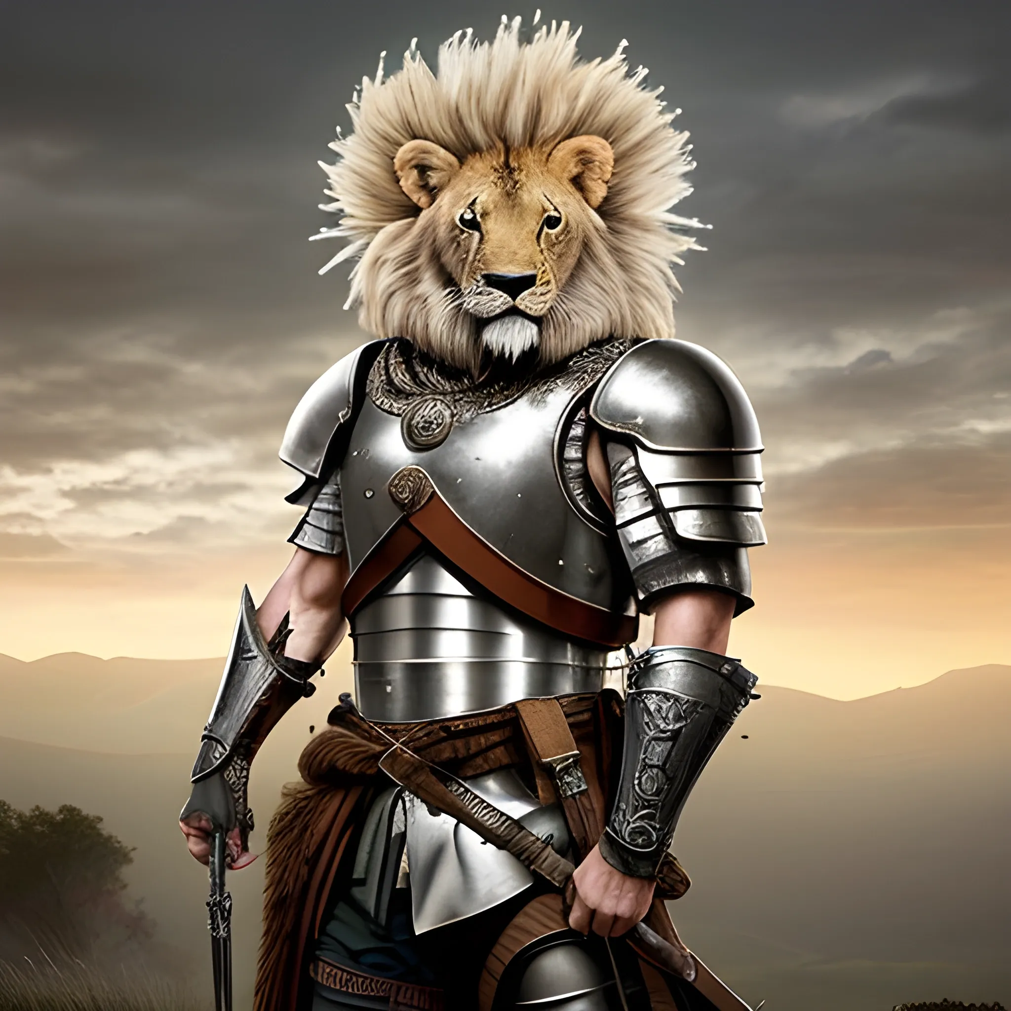 Diseña una imagen épica de un león con un cuerpo fuerte y musculoso lleno de marcas de guerra, con armadura reluciente y un escudo majestuoso, listo para enfrentarse a cualquier desafío