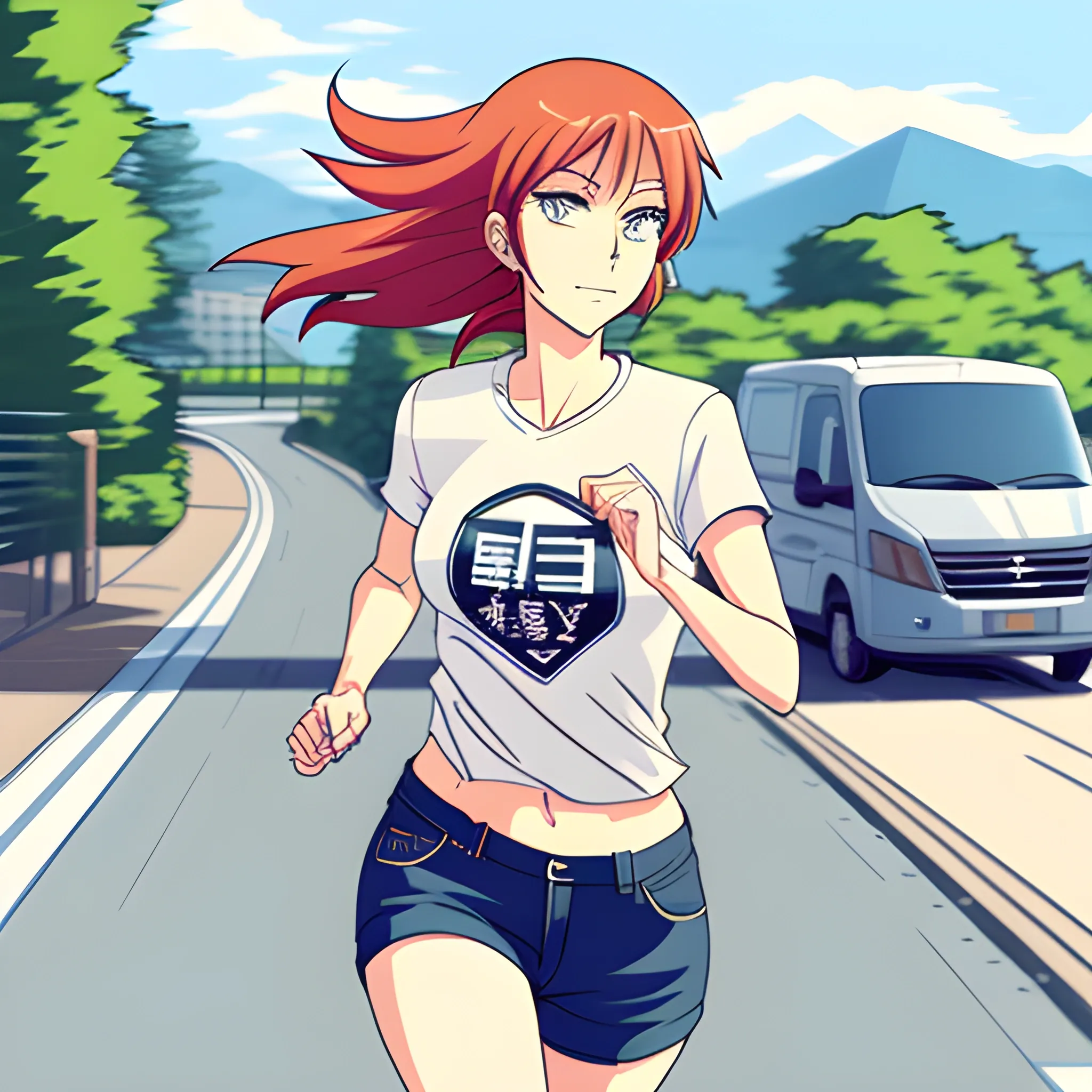 a girl is running to cacht the bus with t-shirt and short jeans in sommer, draw with anime style
