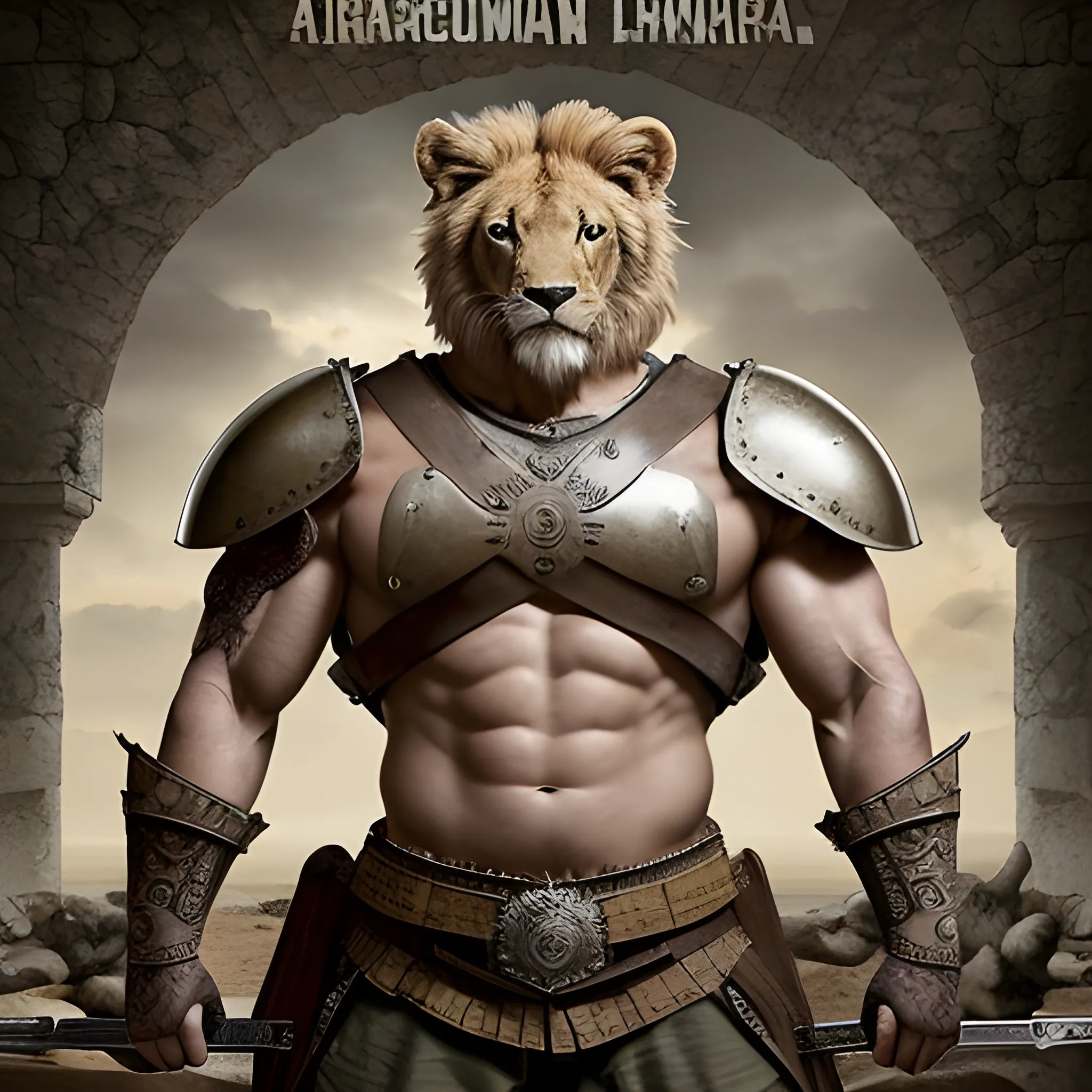 Diseña una imagen épica de un león con un cuerpo fuerte y musculoso lleno de marcas de guerra, con armadura reluciente y un escudo majestuoso, listo para enfrentarse a cualquier desafío