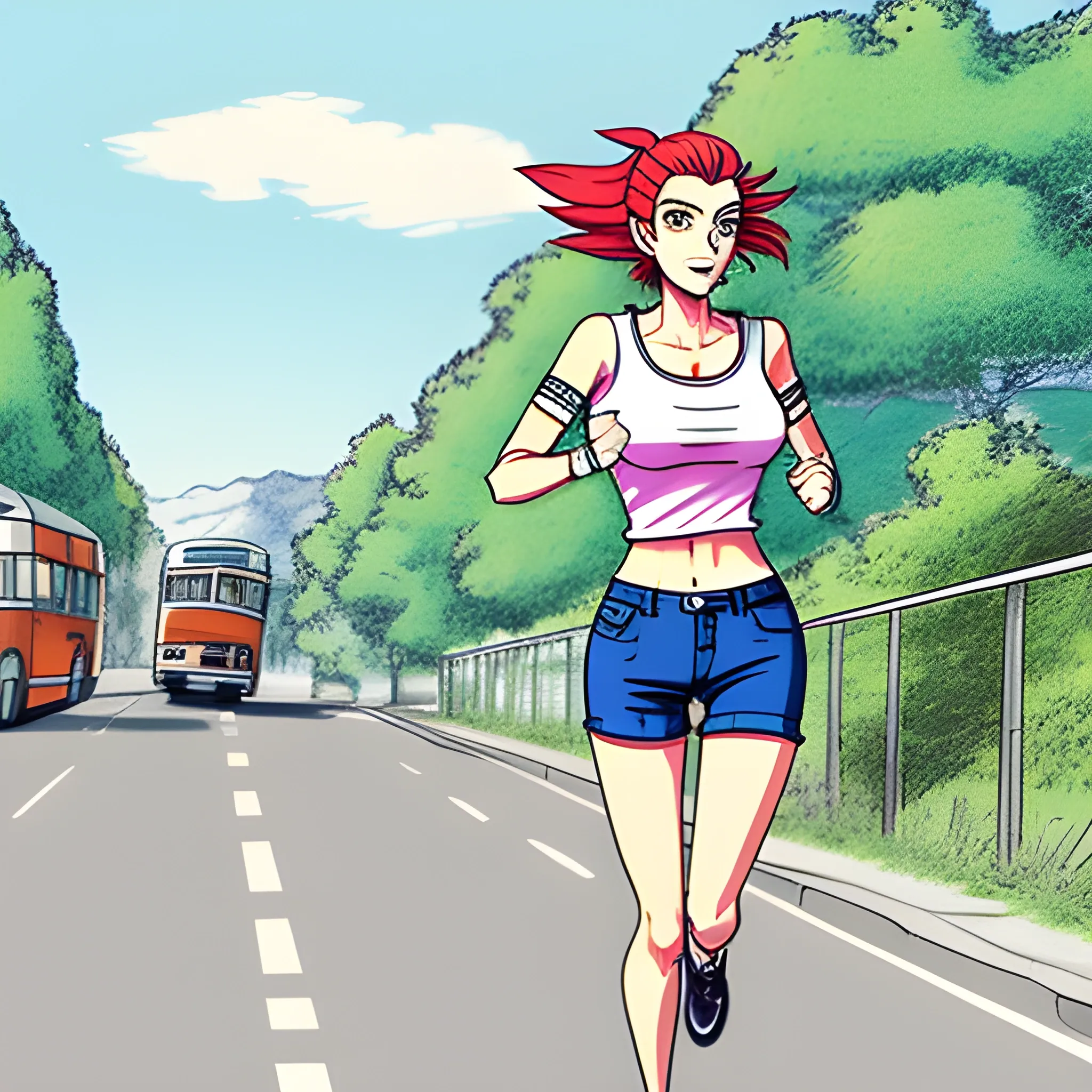 a girl is running to cacht the bus with t-shirt and short jeans in sommer, draw with manga style
