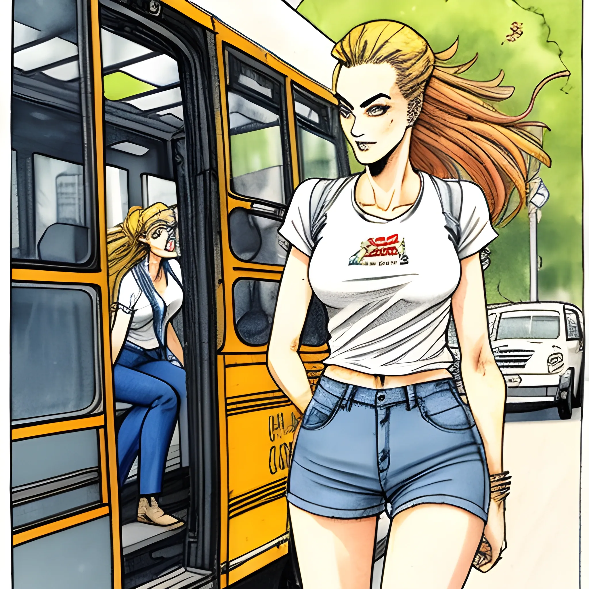 a girl is running to cacht the bus with t-shirt and short jeans in sommer, draw with nilo manara style
