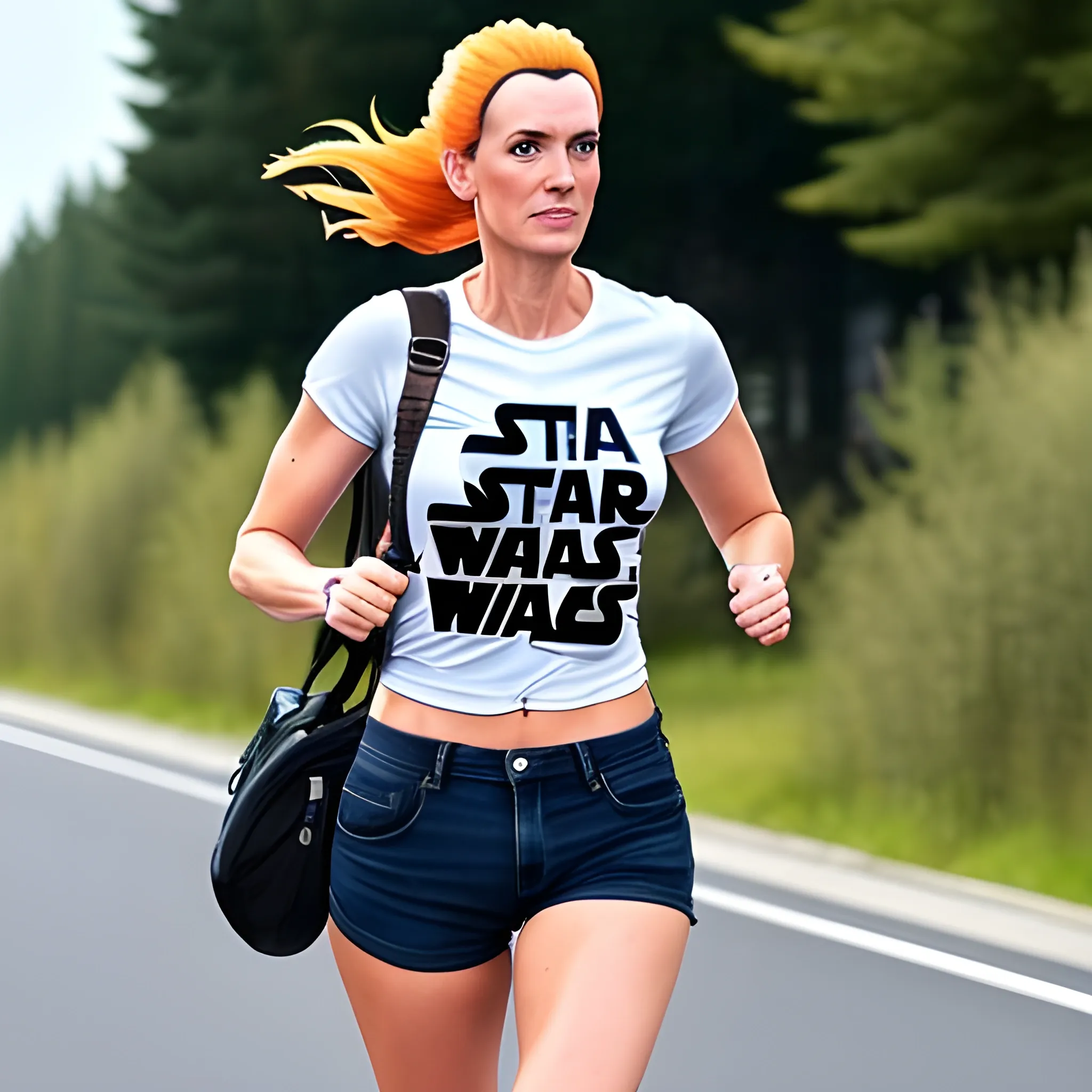 a girl is running to cacht the bus with t-shirt and short jeans in sommer, draw with star wars
 style
