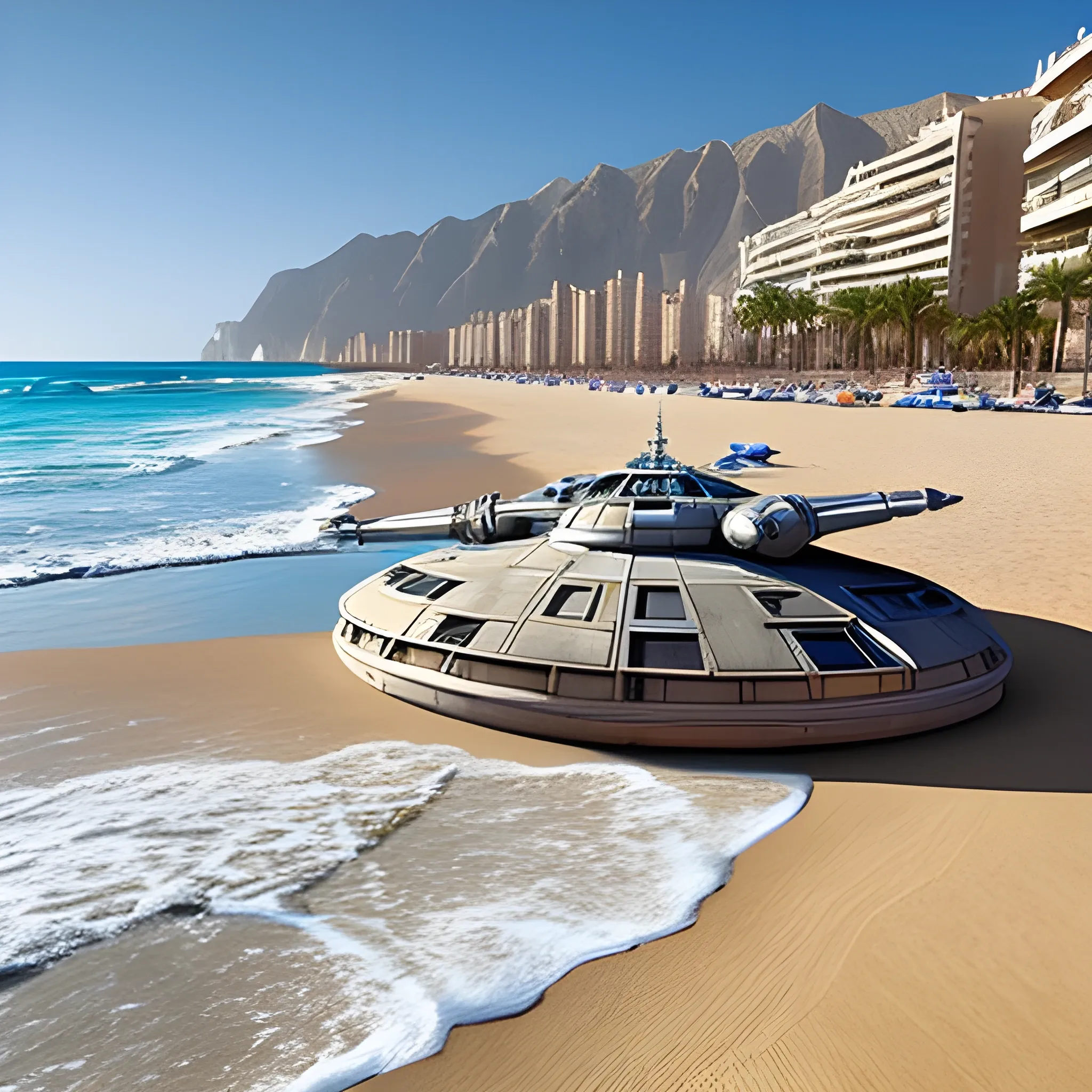 a millenium falcon in Cullera, Spain beach, taking of from the beach, realistic art

