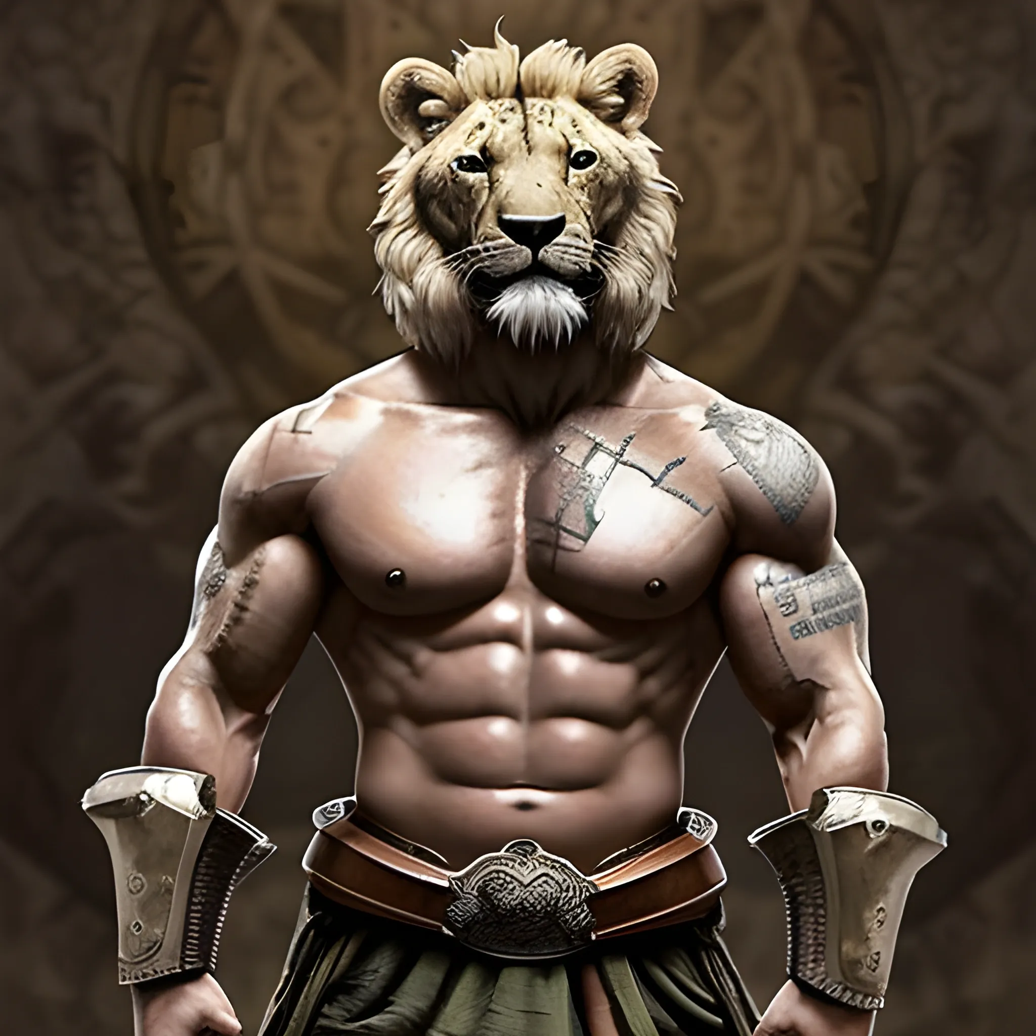Diseña una imagen épica de un león con el cuerpo fuerte y musculoso lleno de marcas de guerra, con armadura reluciente y un escudo majestuoso, listo para enfrentarse a cualquier desafío
