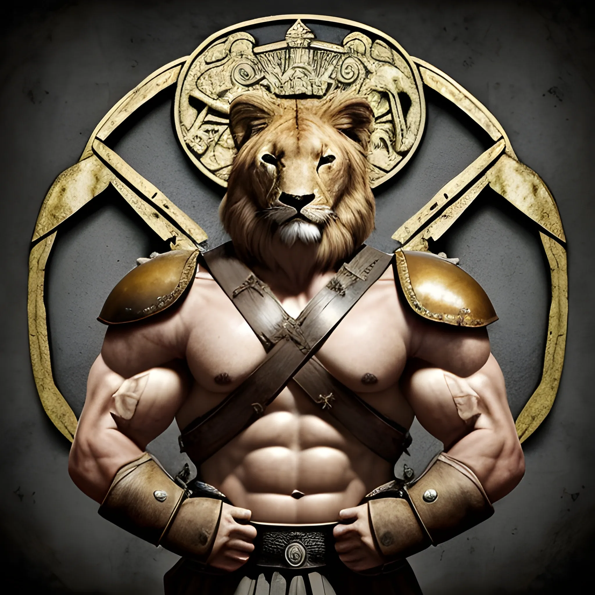 Diseña una imagen épica de un león fuerte y musculoso lleno de marcas de guerra, con armadura reluciente y un escudo majestuoso, listo para enfrentarse a cualquier desafío en un pueblo abandonado