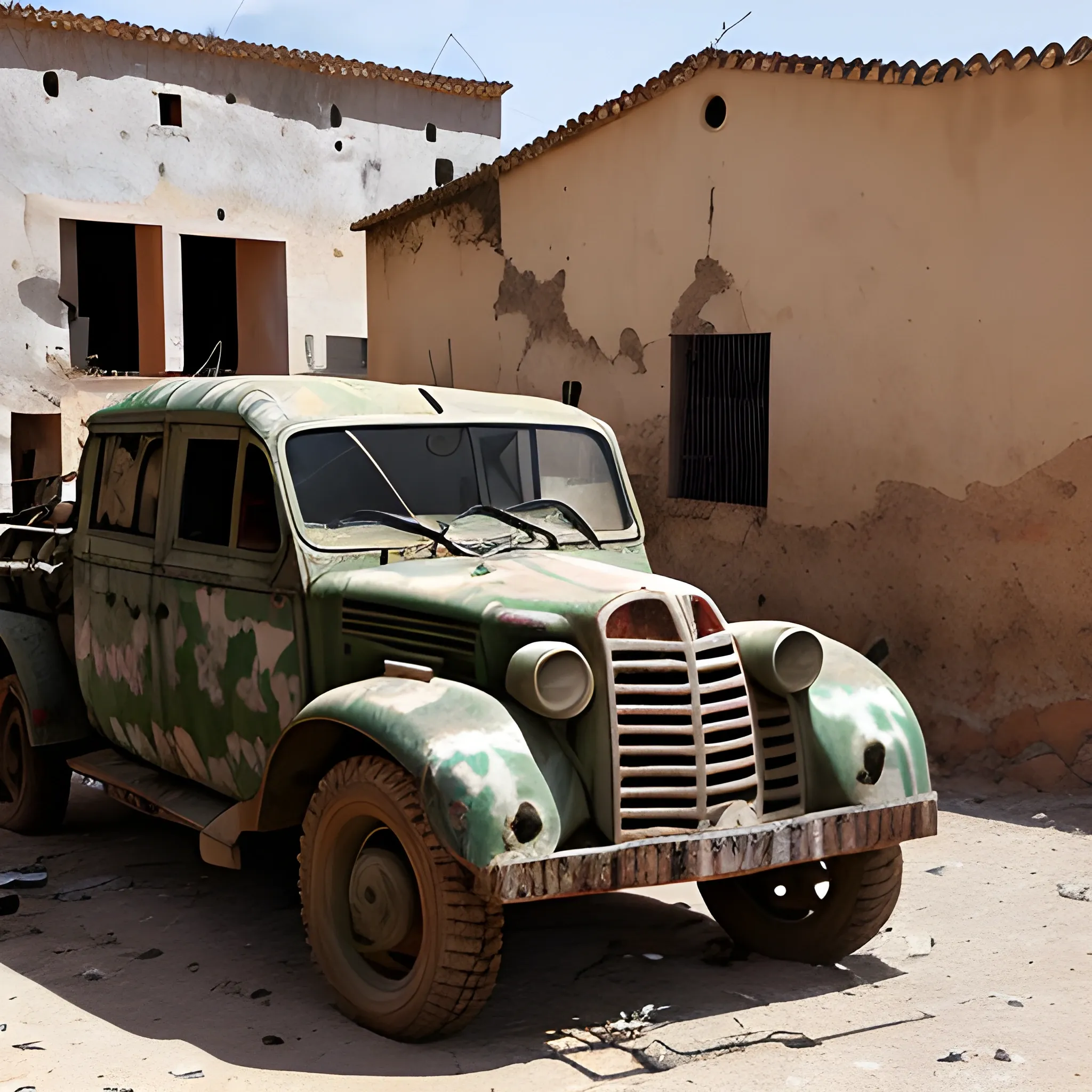 Un león armado en un pueblo abandonado con marcas de guerra 