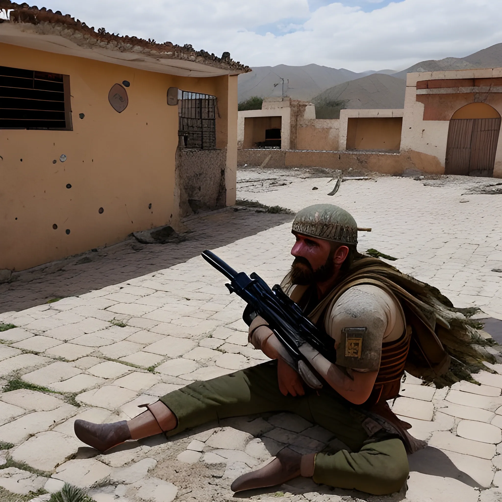 Un león armado en un pueblo abandonado con marcas de guerra 