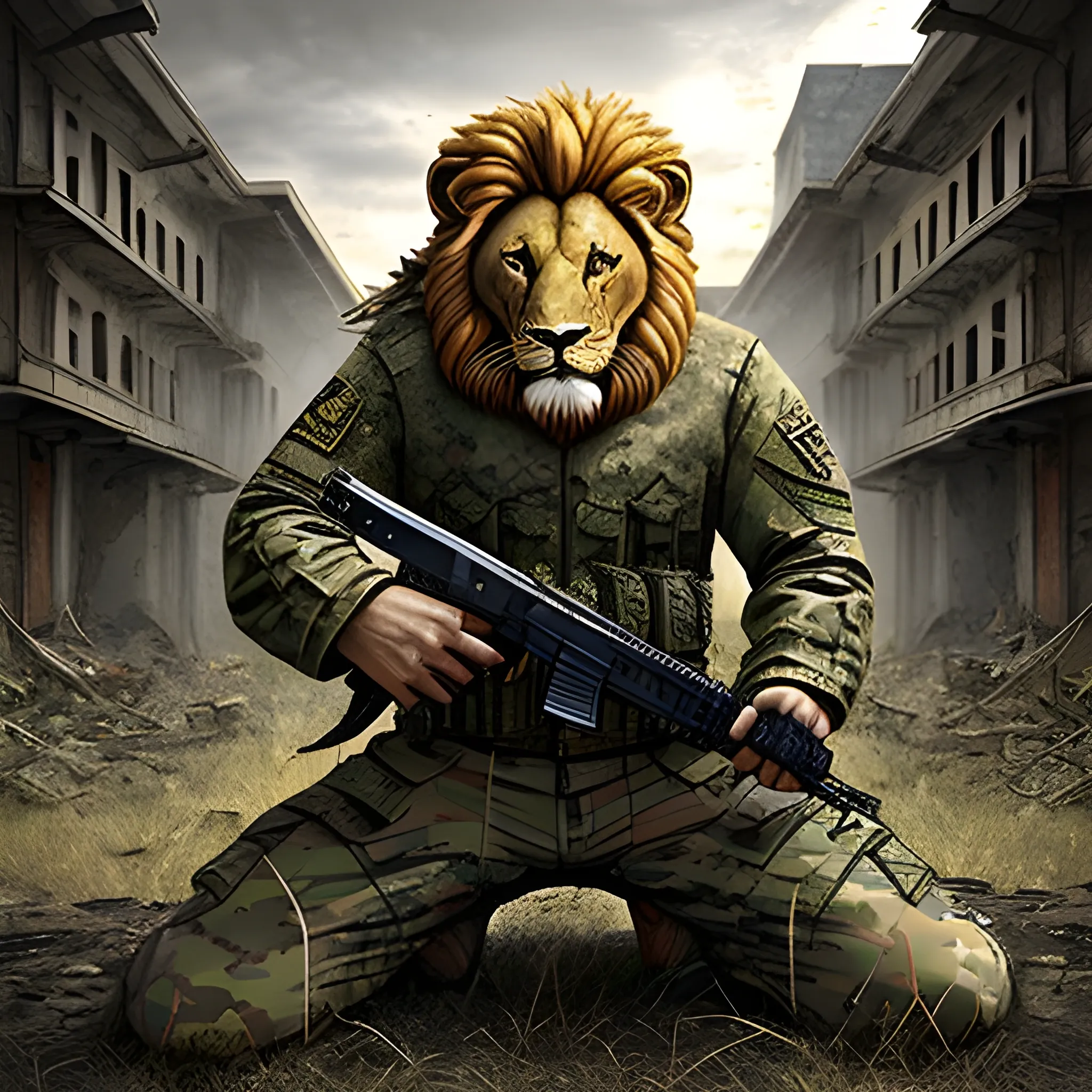 Strong lion, wordwar, army, dangerous, abandoned place, army custom 
