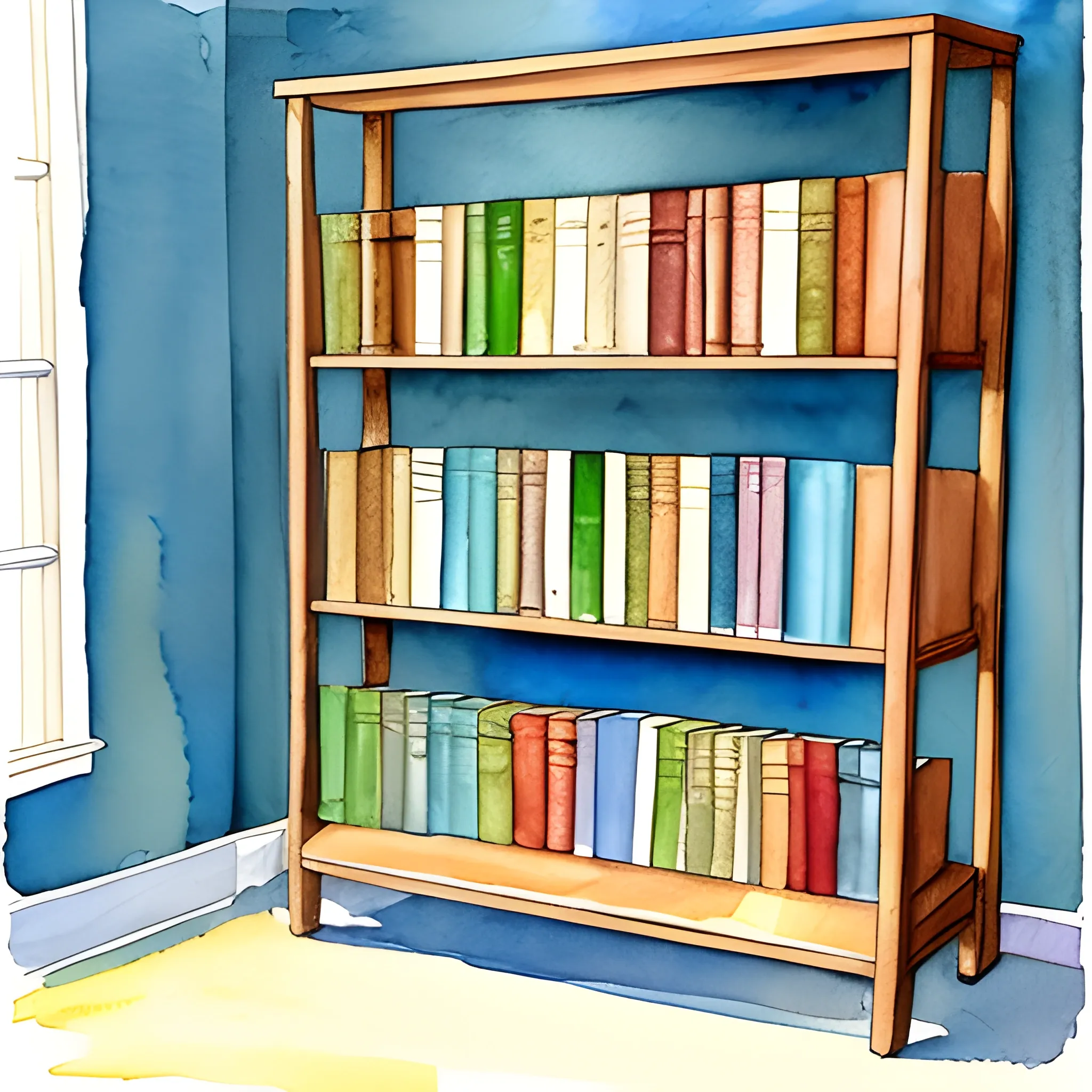 book shelf, books, Water Color