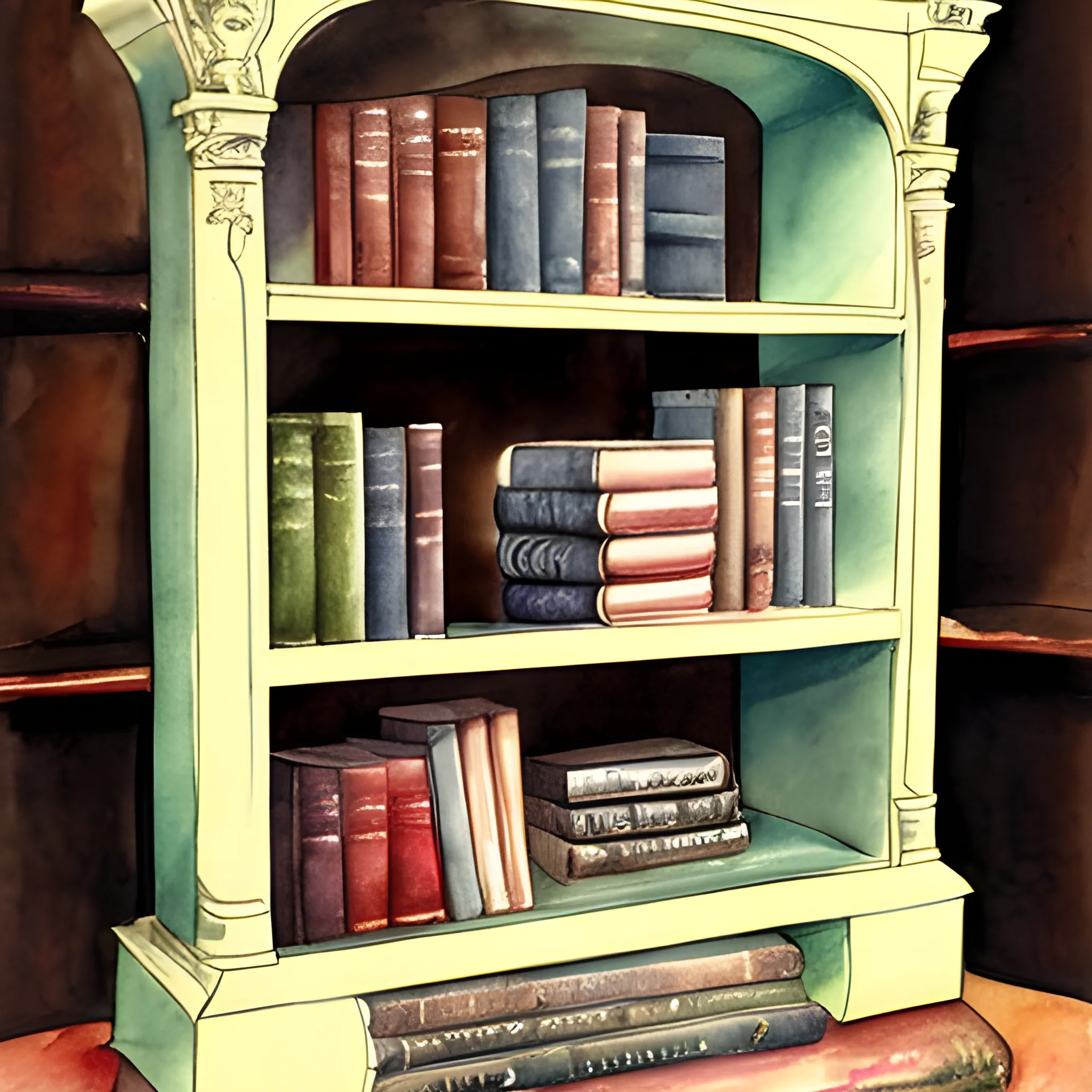 book shelf, books, Water Color, victorian