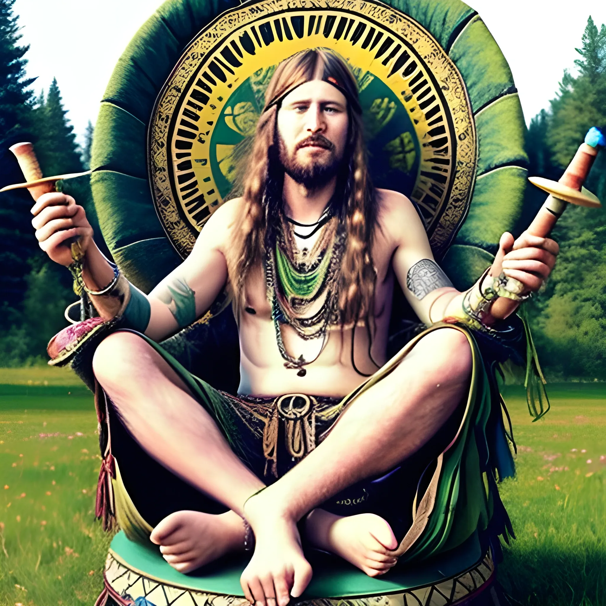 I want to see a Hippie sitting on a throan with a joint in his mouth with a bunch of bongs sitting around his throne. 