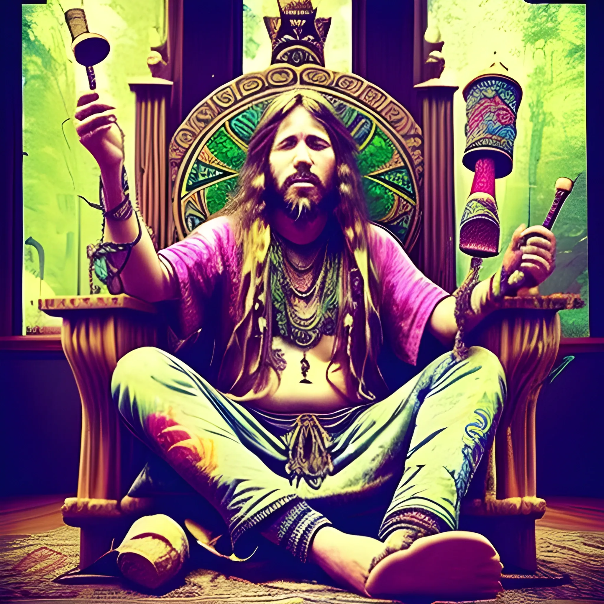 I want to see a Hippie sitting on a throan with a joint in his mouth with a bunch of bongs sitting around his throne. , Trippy