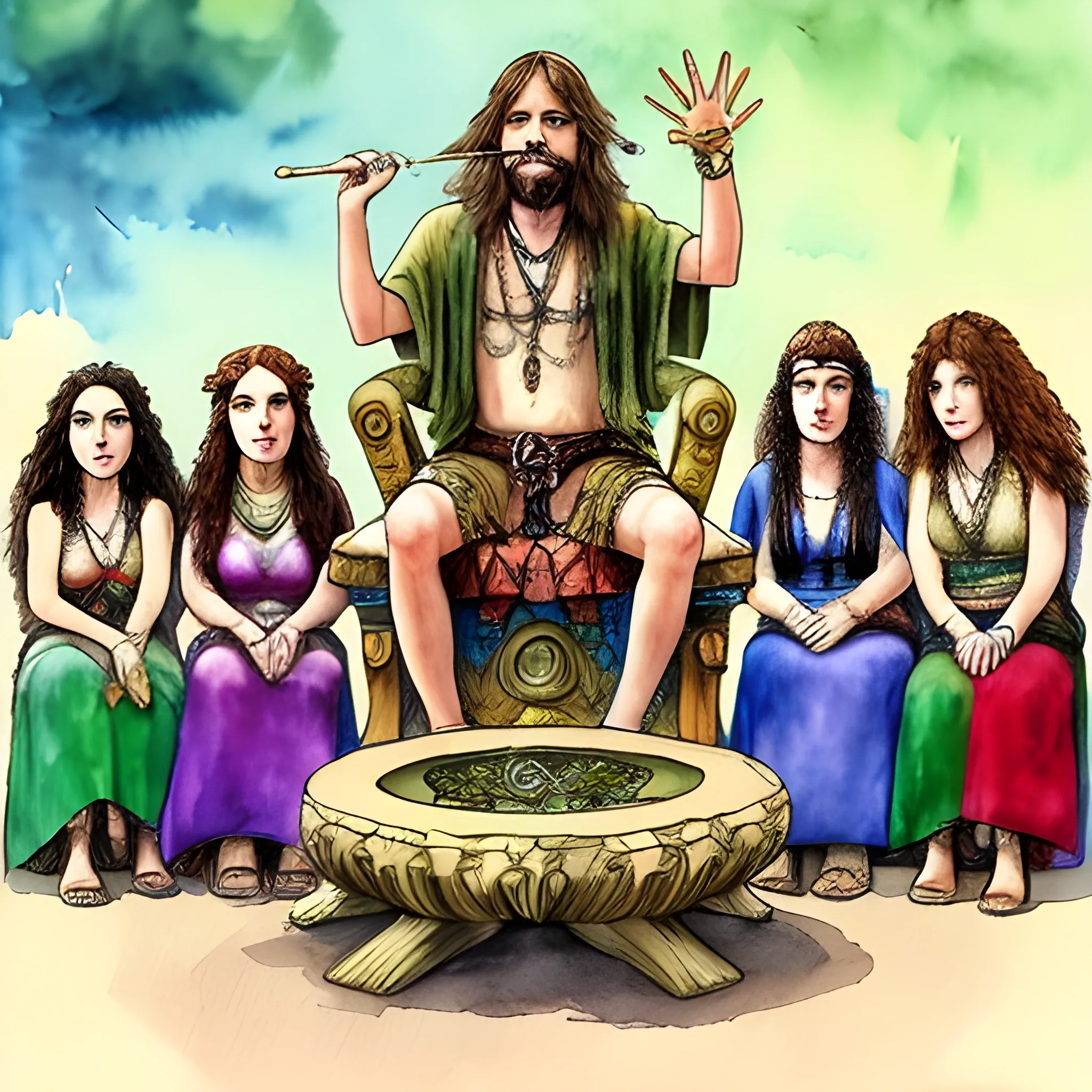 I want to see a Hippie sitting on a throan with a joint in his mouth, with a bunch of women around his throne , Water Color