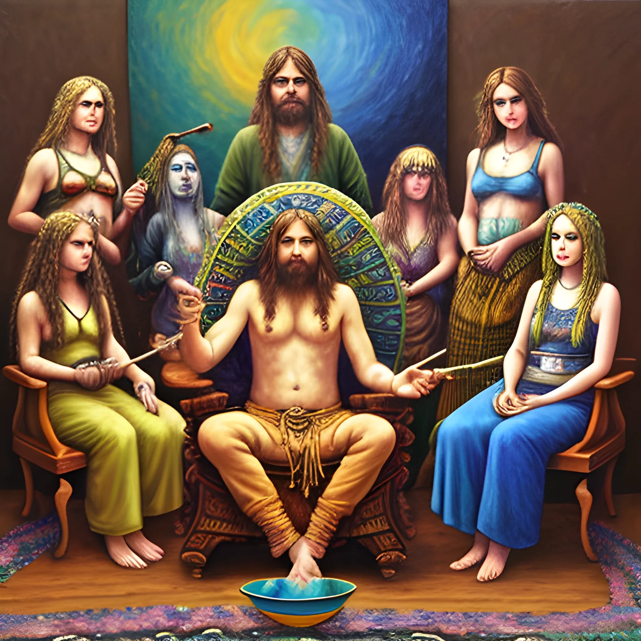I want to see a Hippie sitting on a throan with him smoking a bowl , with a bunch of women around his throne , Oil Painting, Trippy