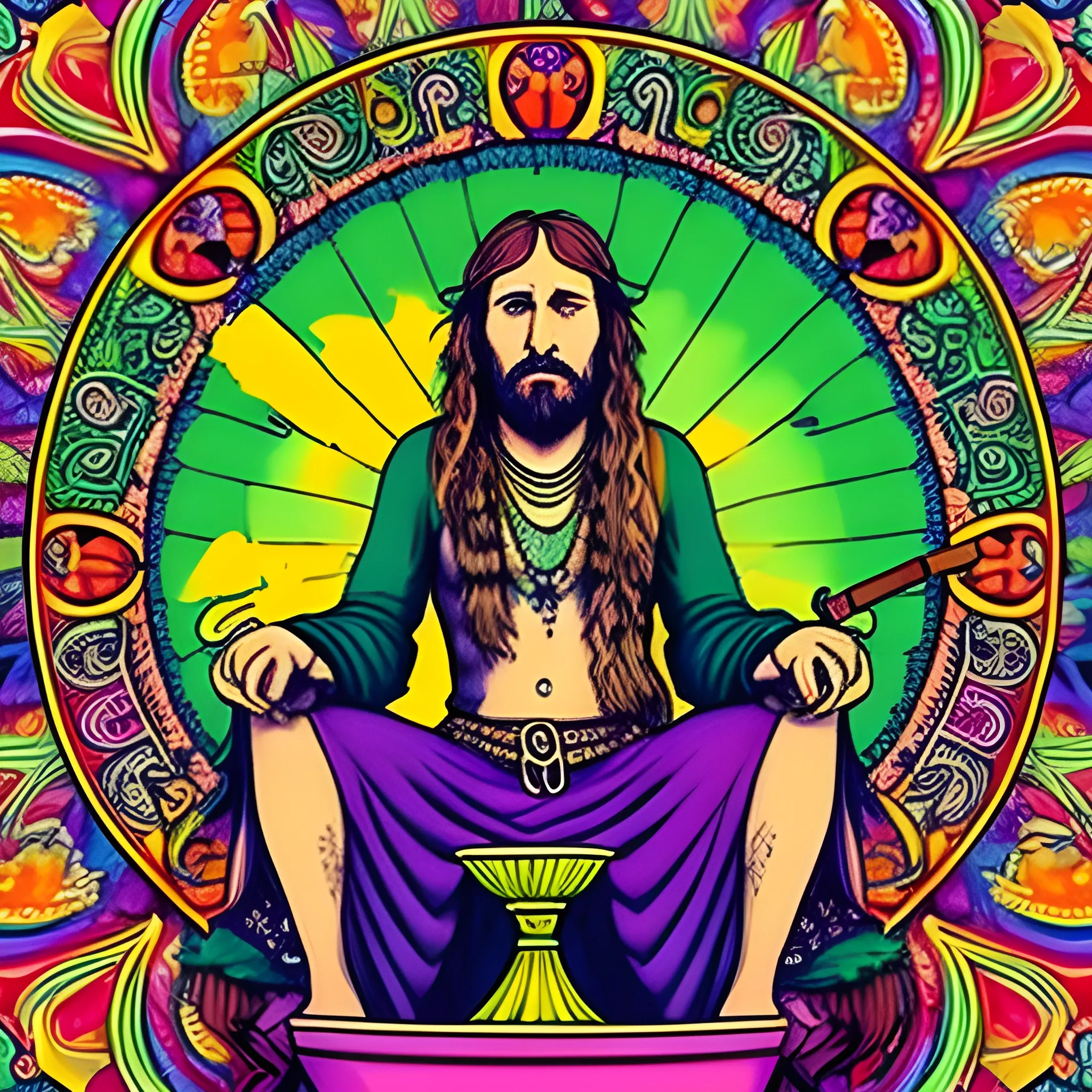 I want to see a Hippie sitting on a throan with him smoking a bowl , with a bunch of women around his throne , Trippy