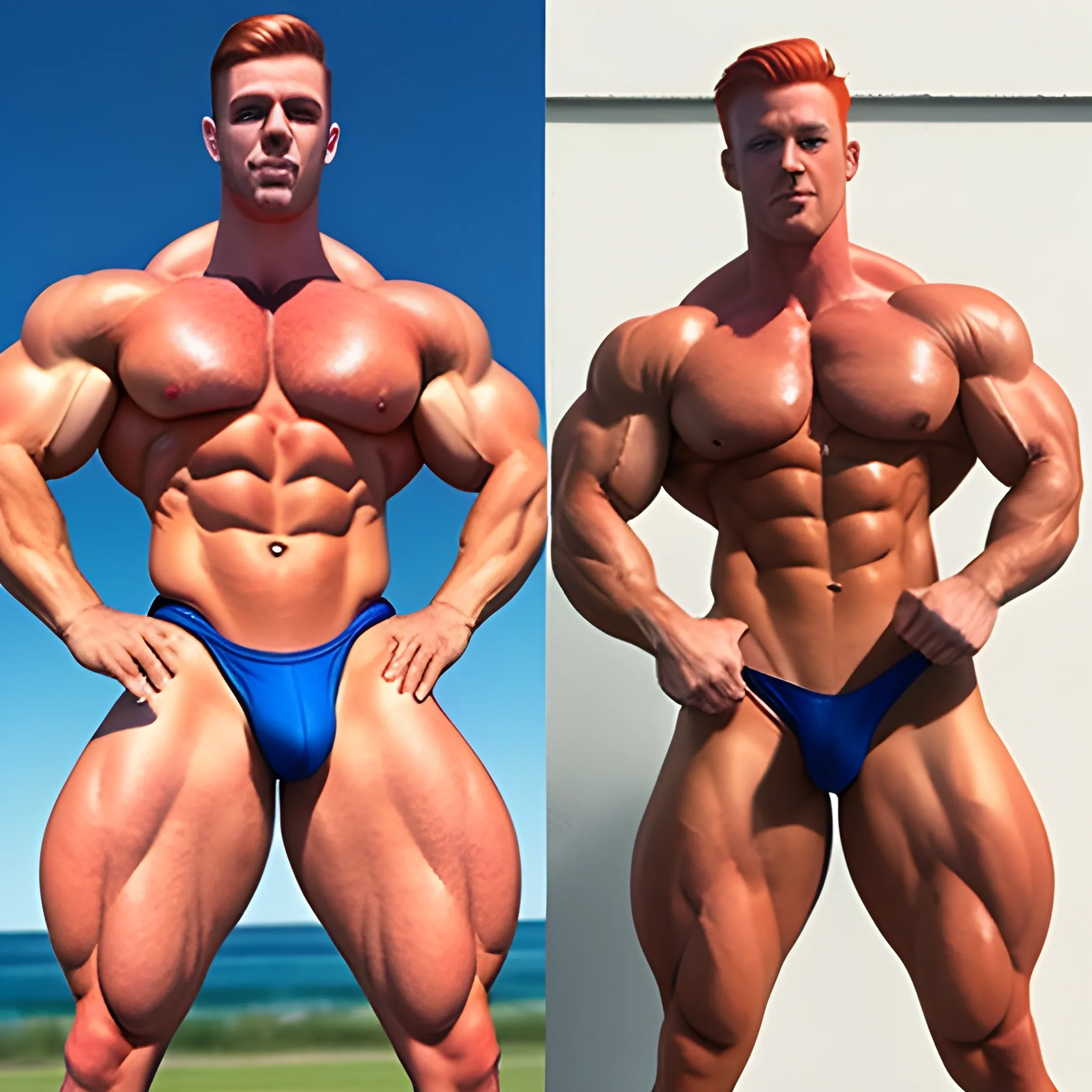 ginger muscular masculine butch lesbian female bodybuilder with short hair and a small waist with wide hips