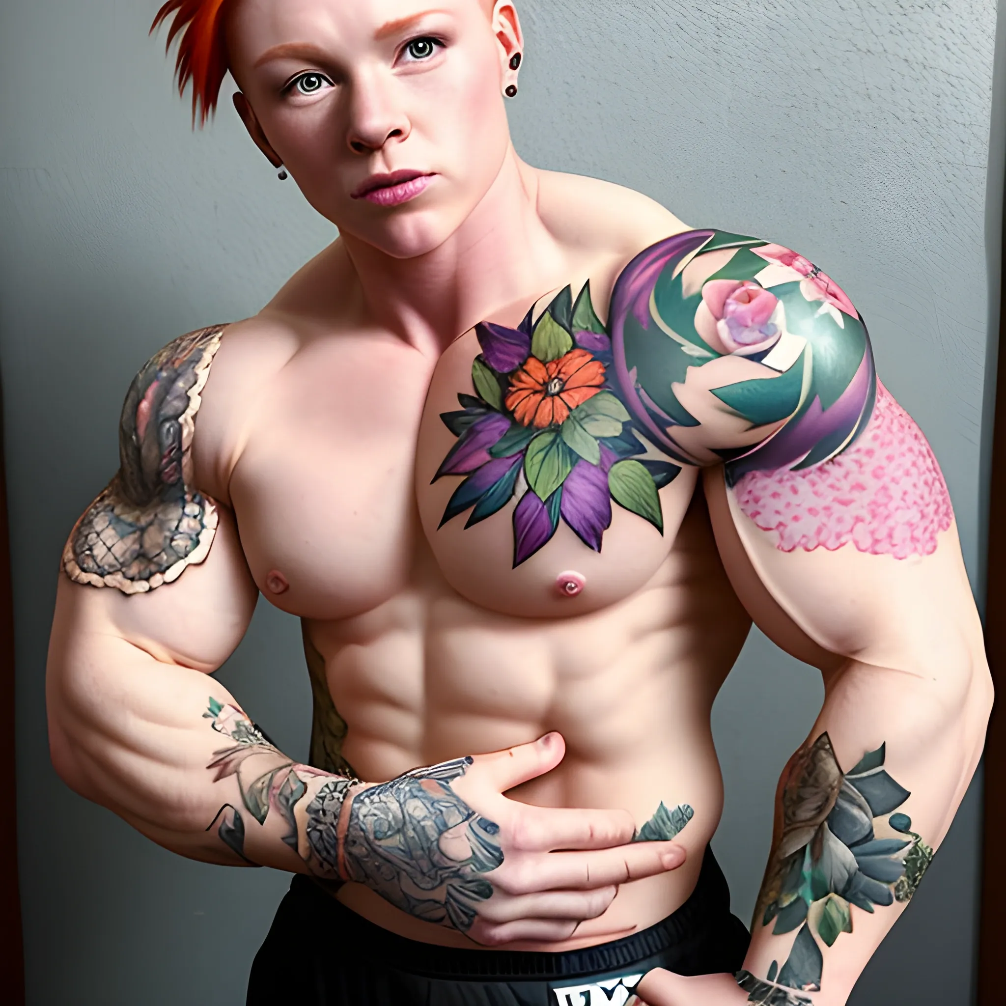 ginger, muscular, butch lesbian, female, bodybuilder, short hair, floral tattoo sleeve, 