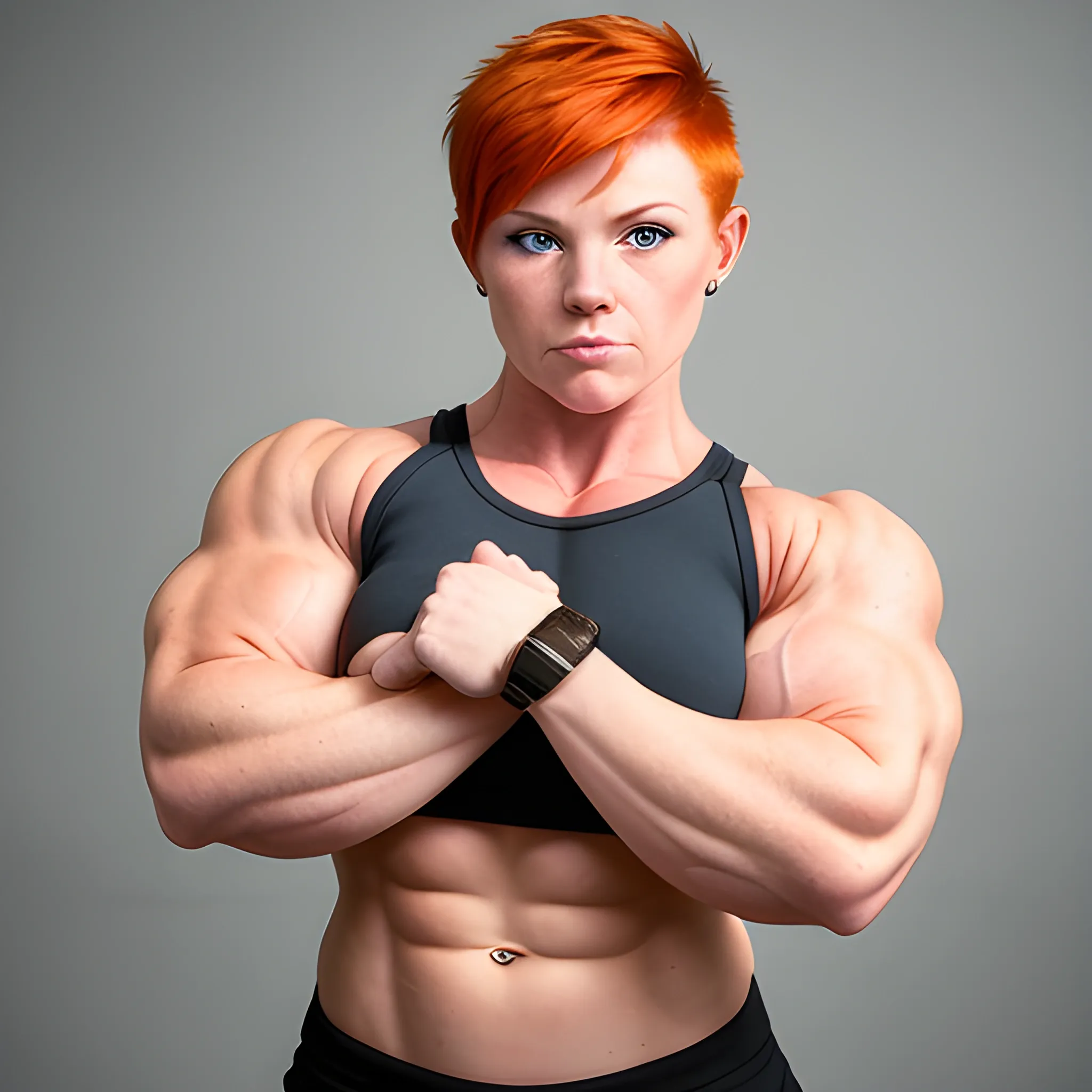 ginger, muscular, butch lesbian, female, bodybuilder, short hair, looking at the camera, raising eyebrow, smirk, flexing bicep