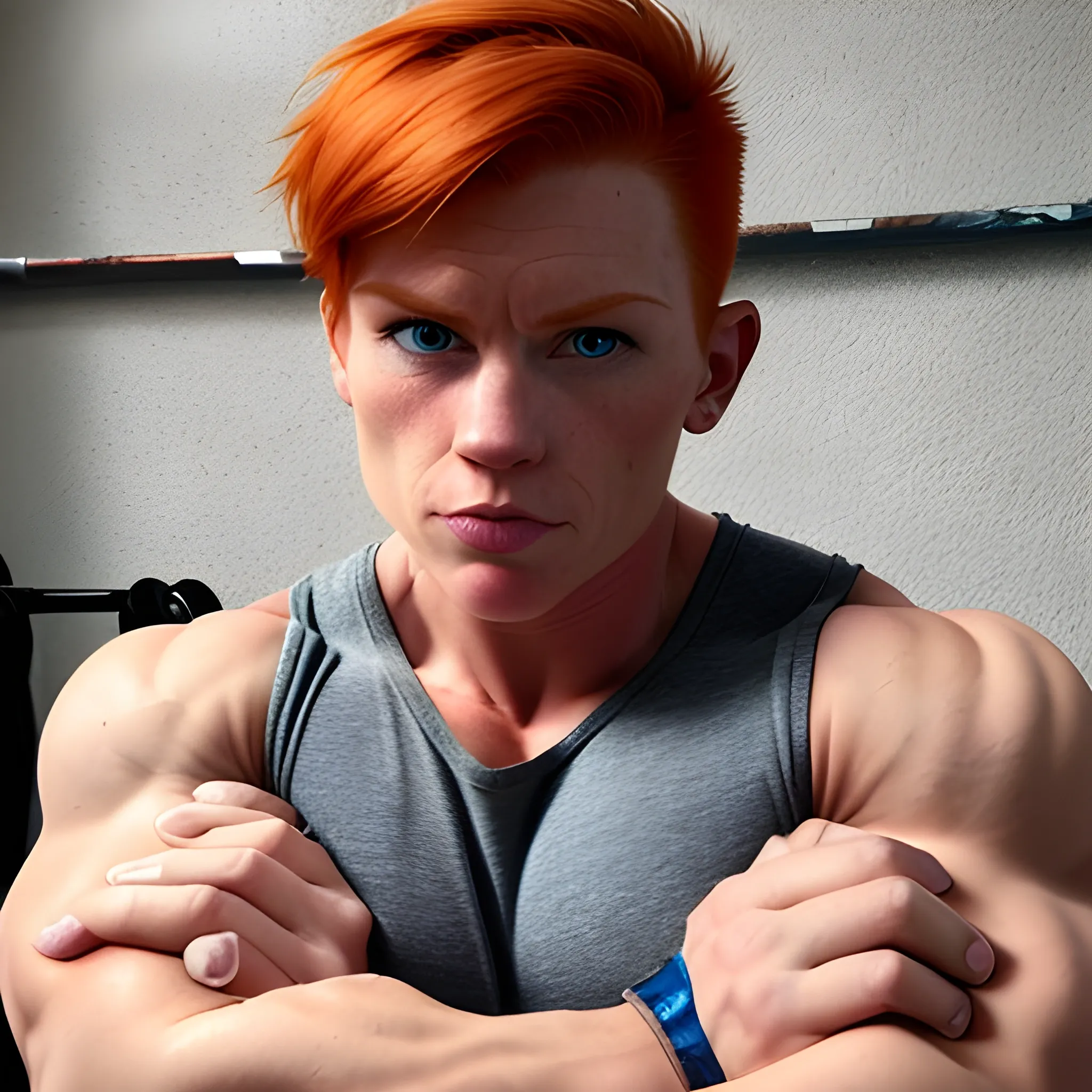 ginger, muscular, masculine facial features, butch lesbian, female, bodybuilder, short hair, looking at the camera, raising eyebrow, smirk, flexing bicep