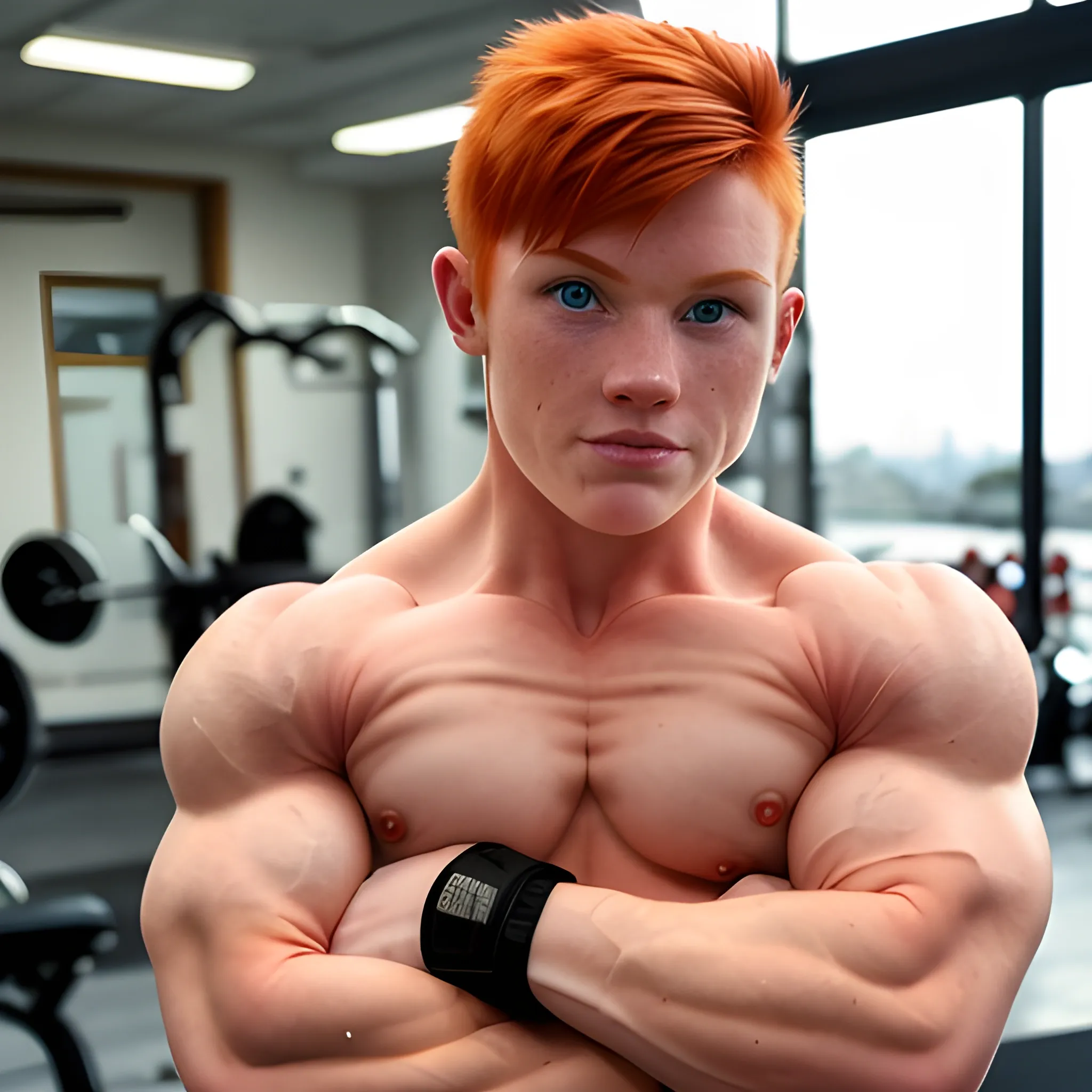 ginger, muscular, masculine facial features, no makeup, full body, butch lesbian, female, 21-years-old, bodybuilder, short hair, looking at the camera, raising eyebrow, smirk, flexing bicep