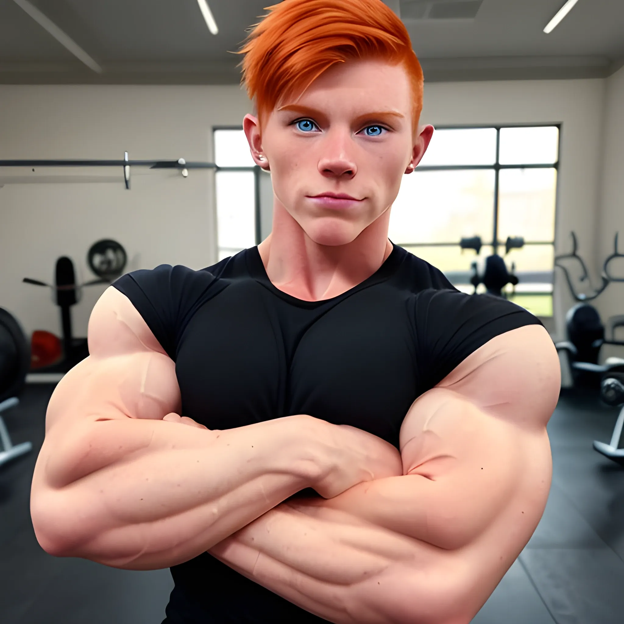 ginger, muscular, masculine facial features, no makeup, full body, butch lesbian, female, 21-years-old, bodybuilder, short hair, looking at the camera, raising eyebrow, smirk, flexing bicep